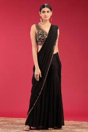 Black Multicolor Embroidery and Beads work Half Saree Styled Crop Top Sharara Set