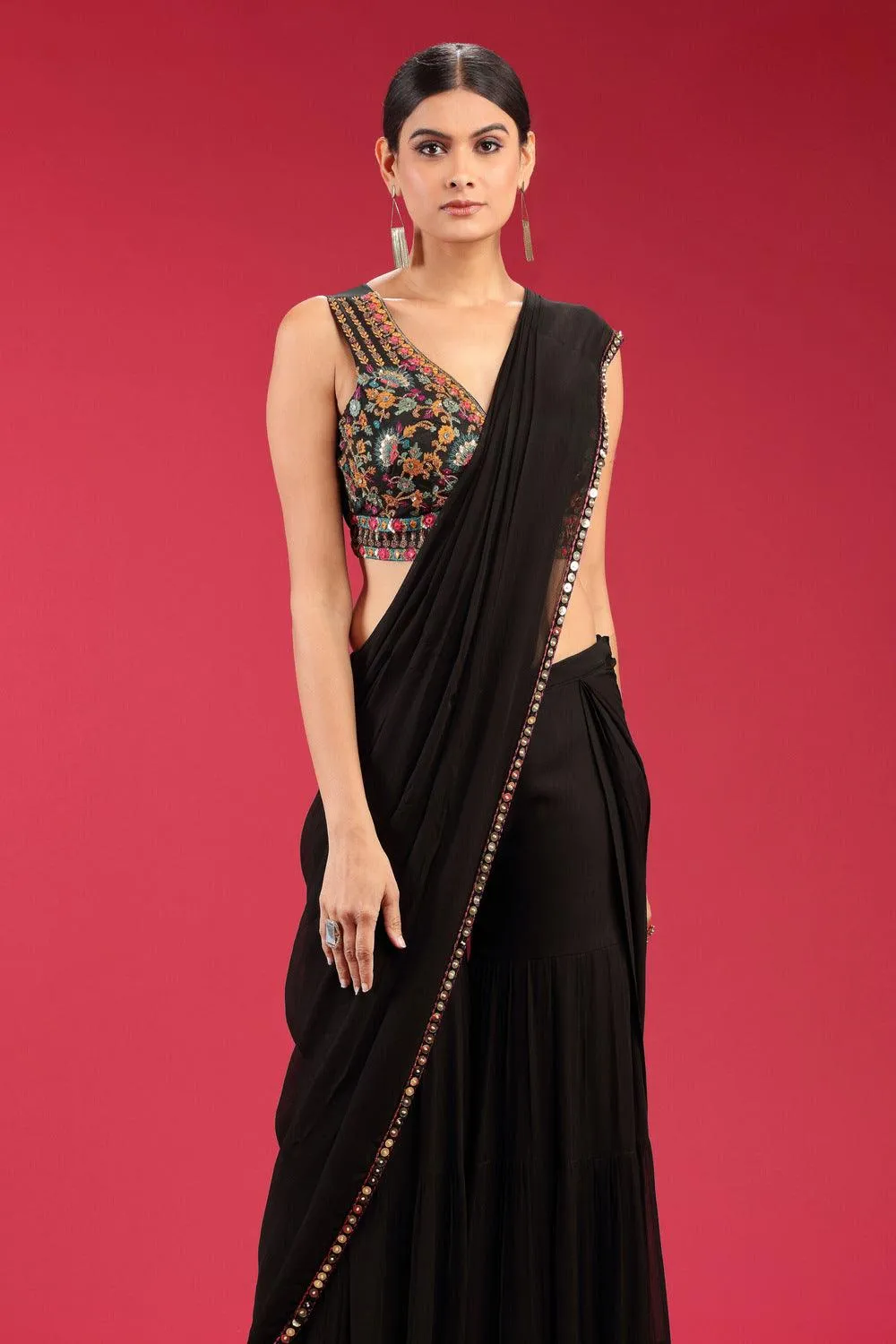 Black Multicolor Embroidery and Beads work Half Saree Styled Crop Top Sharara Set