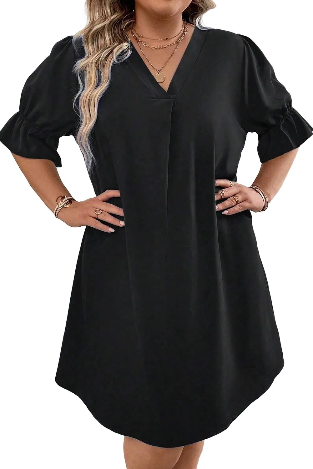 Black Ruffled Puff Sleeve V Neck Plus Size Mini Dress