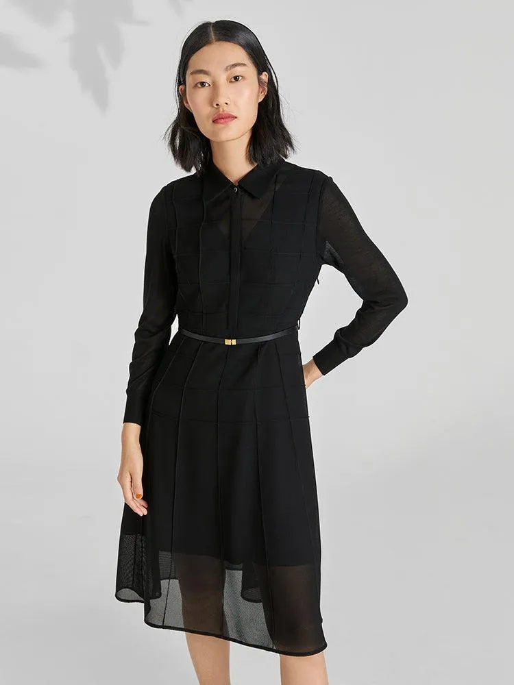 Black Triacetate Mesh Long Sleeve Dress With Belt