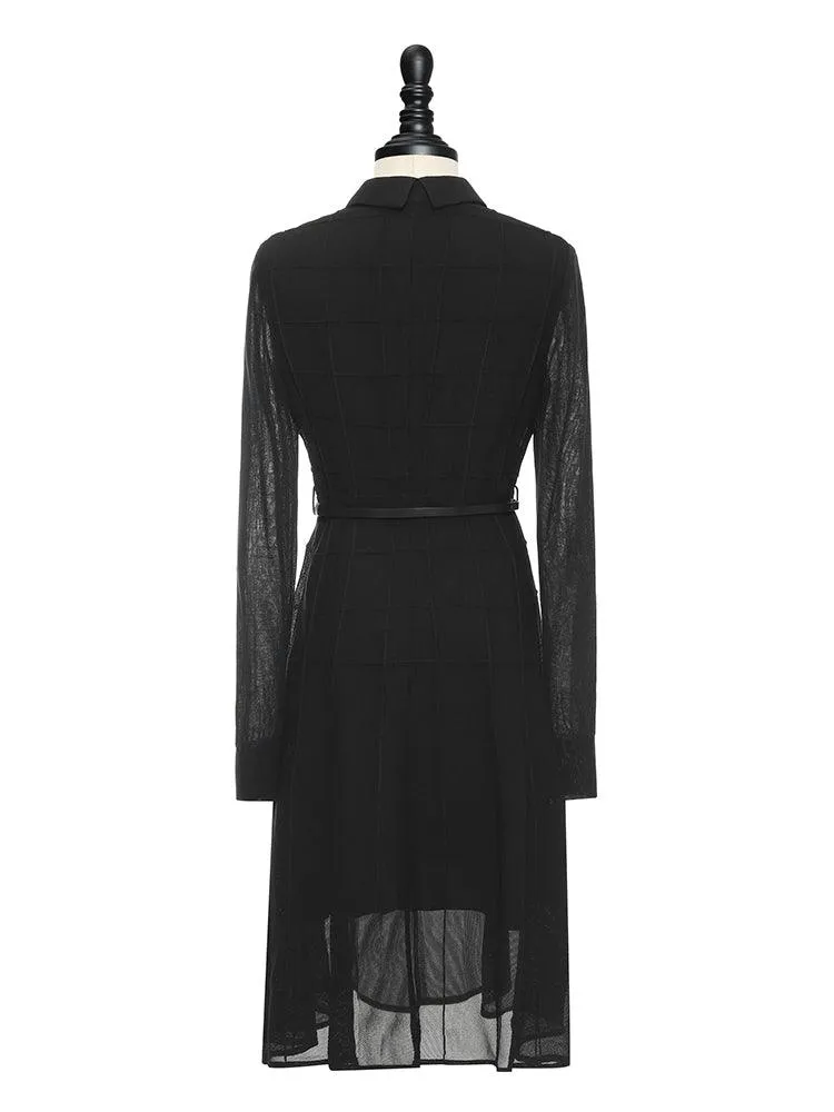 Black Triacetate Mesh Long Sleeve Dress With Belt