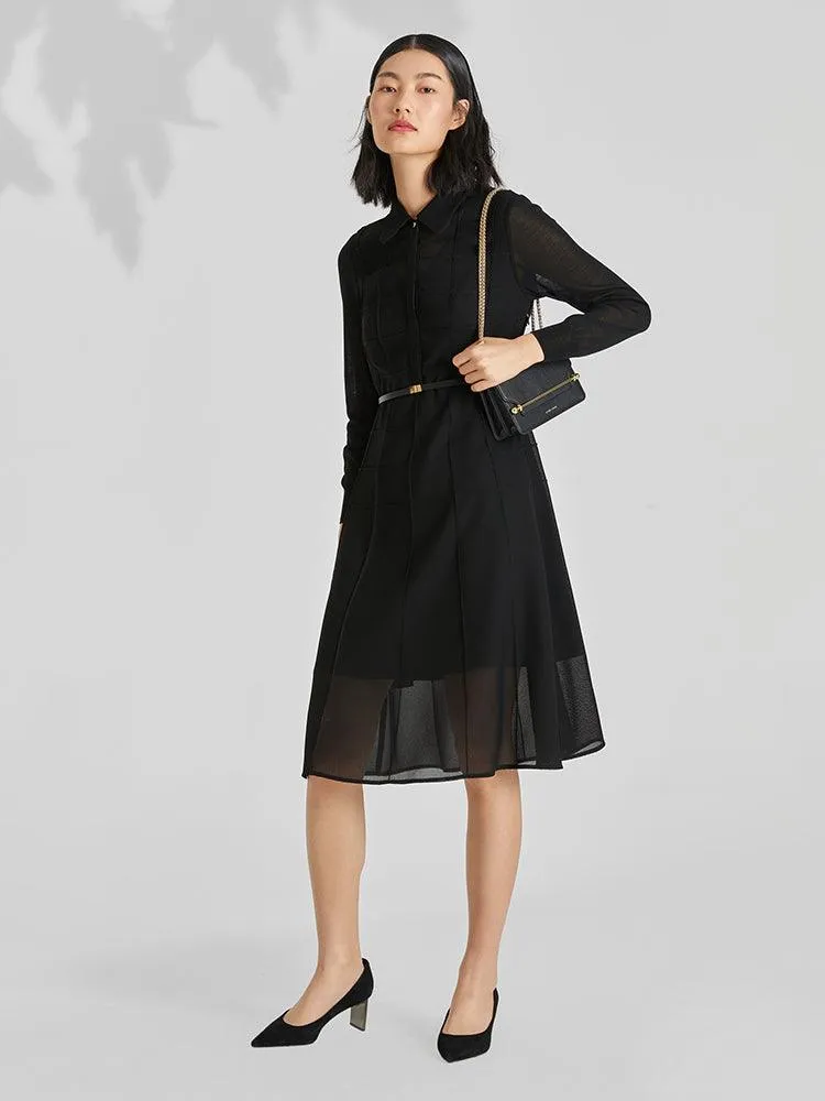 Black Triacetate Mesh Long Sleeve Dress With Belt