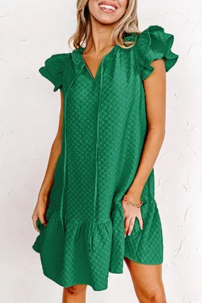 Blackish Green Flutter Shoulder Textured Checked Mini Dress