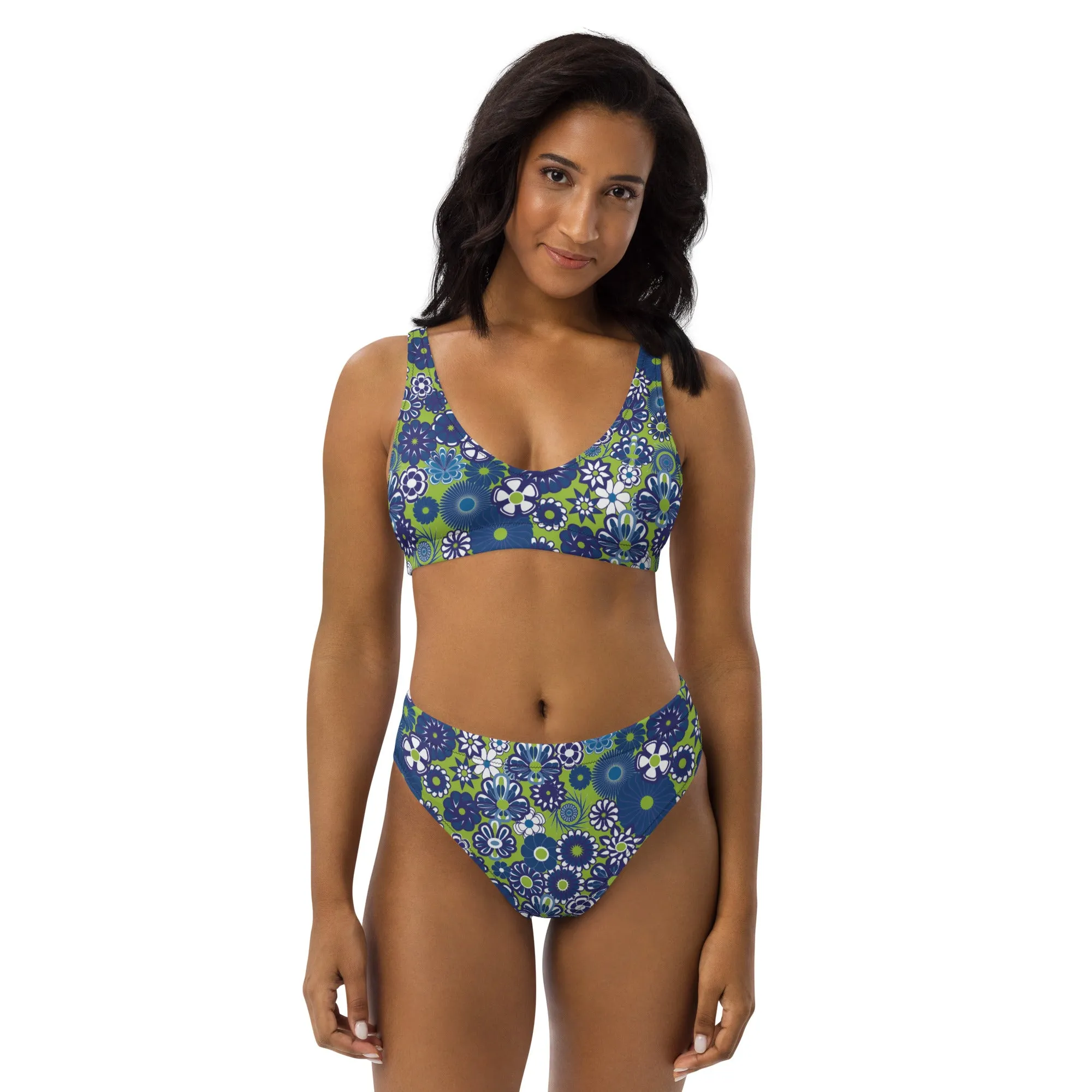 Blue & lime floral Recycled high-waisted bikini