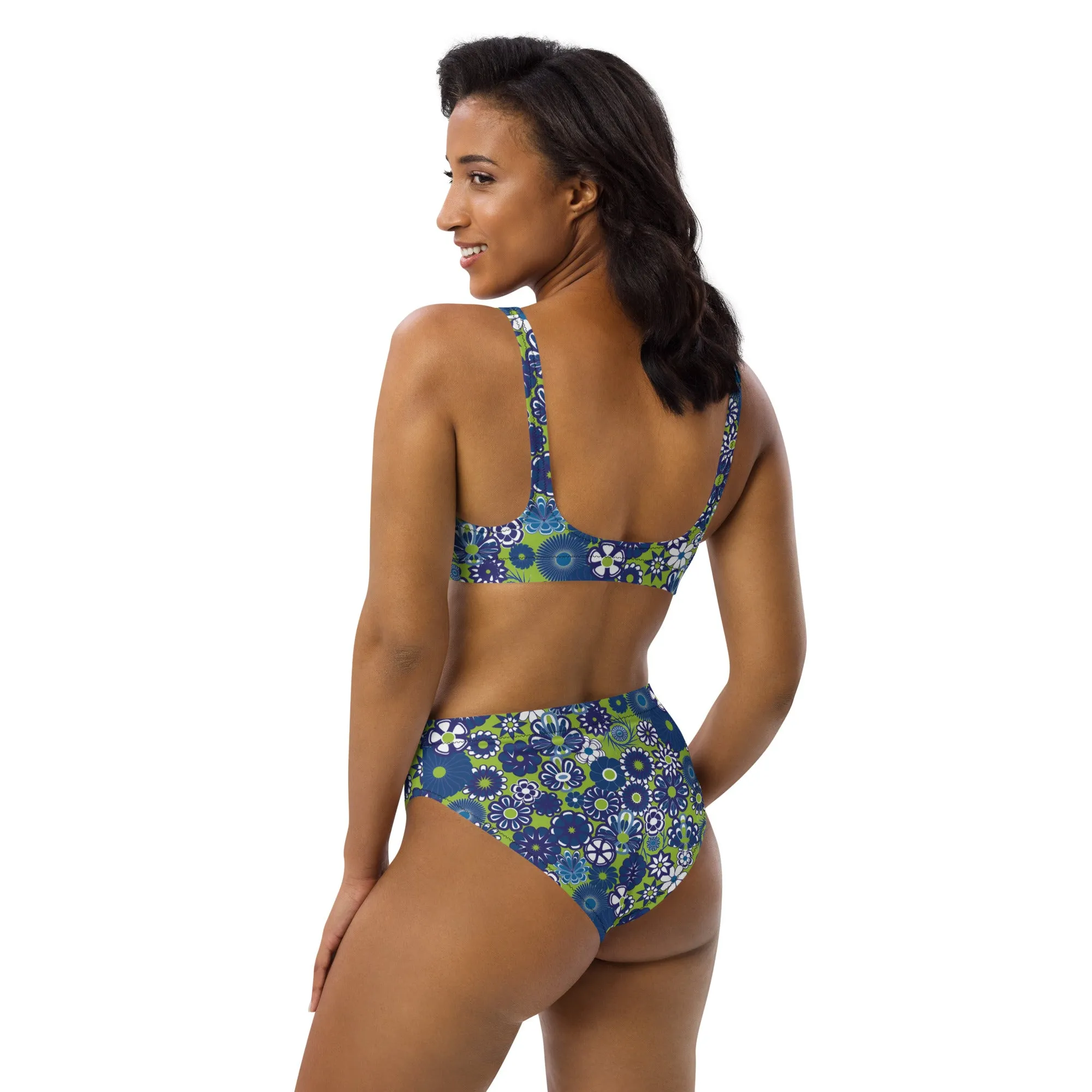 Blue & lime floral Recycled high-waisted bikini