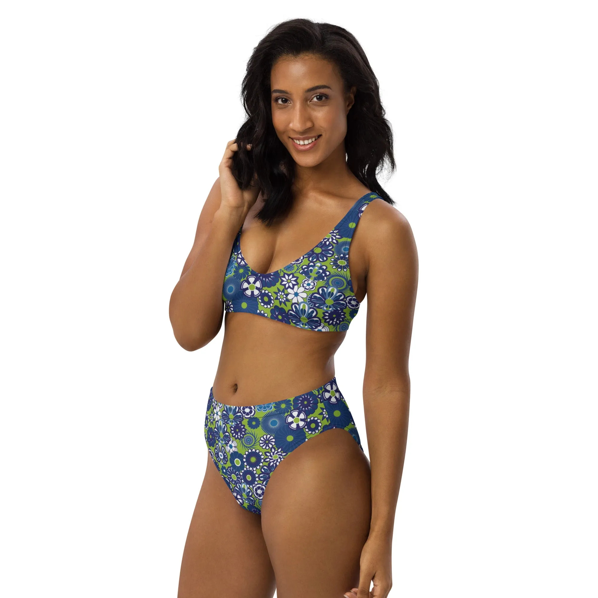 Blue & lime floral Recycled high-waisted bikini