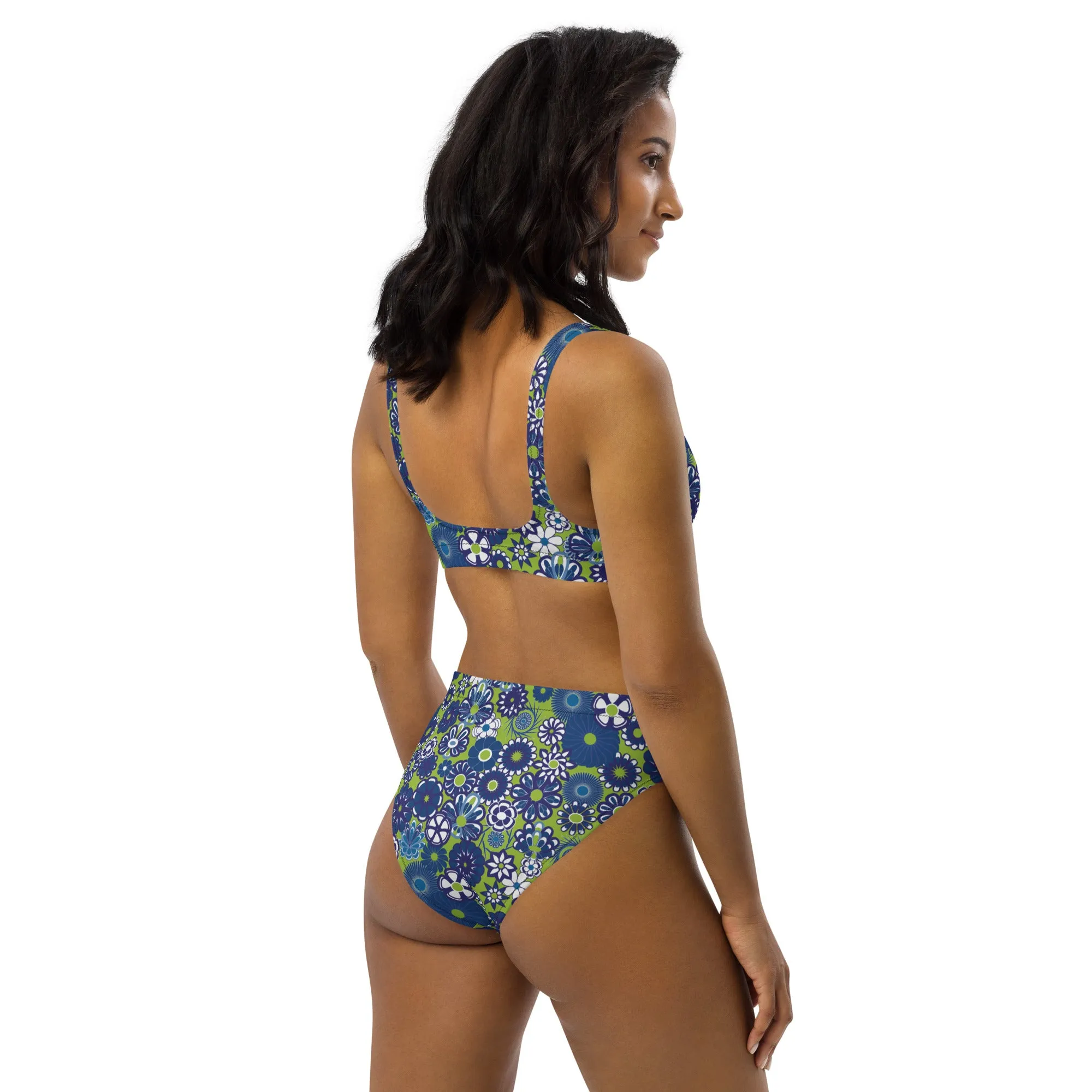 Blue & lime floral Recycled high-waisted bikini