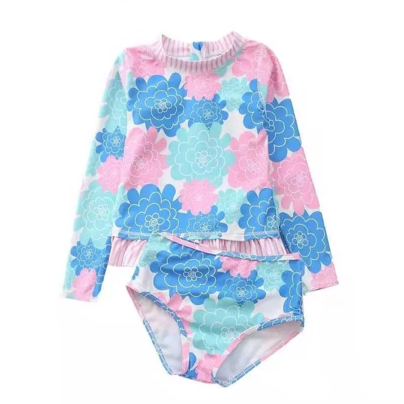 BLUE PINK FLORAL RASHGUARD SWIMSUIT