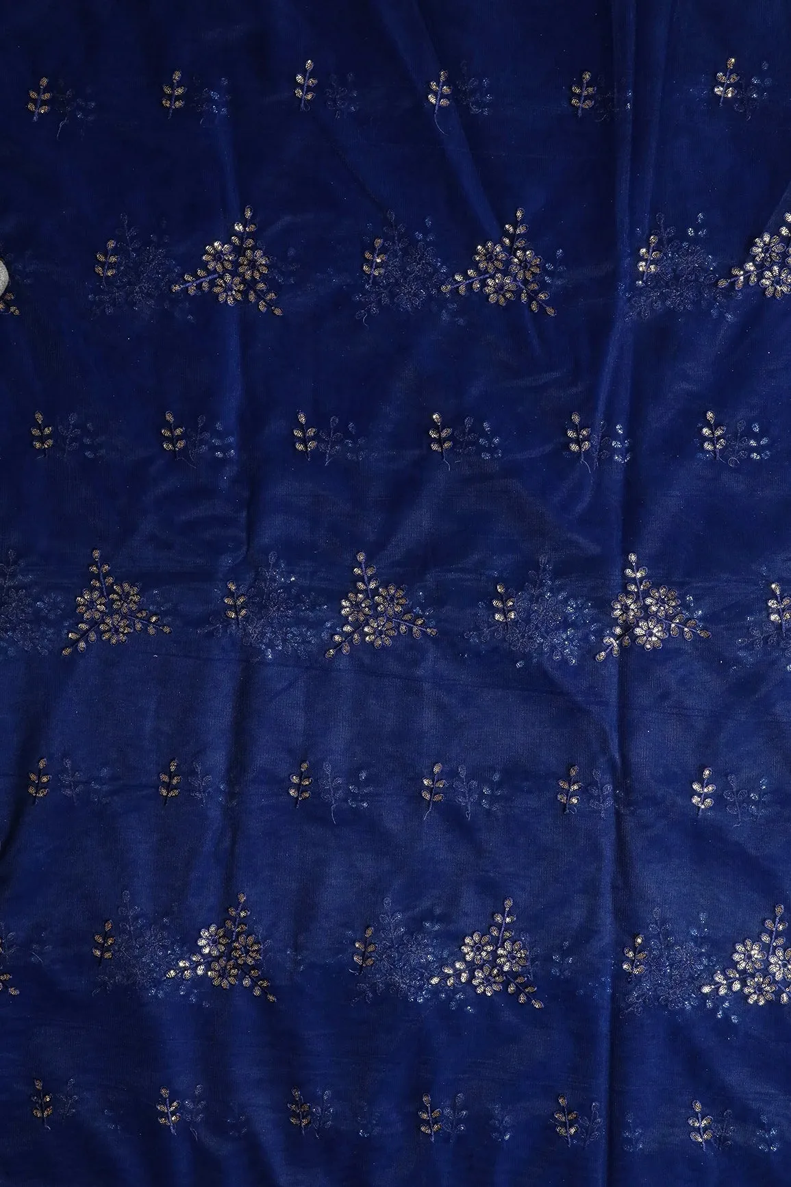 Blue Thread With With Gold Sequins Floral Embroidery Work On Navy Blue Soft Net Fabric