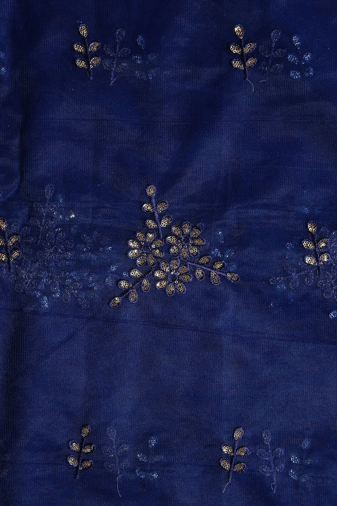 Blue Thread With With Gold Sequins Floral Embroidery Work On Navy Blue Soft Net Fabric