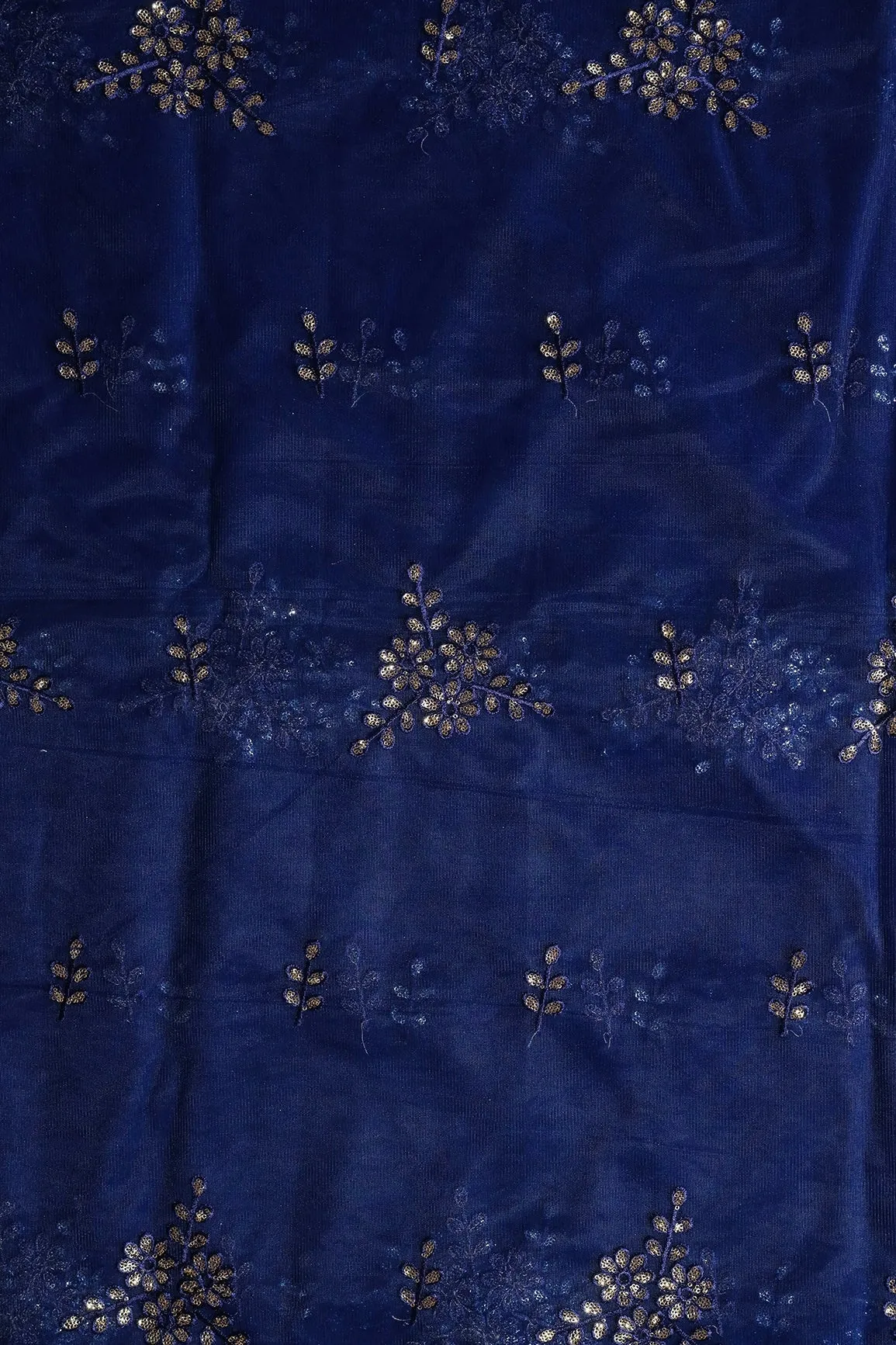 Blue Thread With With Gold Sequins Floral Embroidery Work On Navy Blue Soft Net Fabric