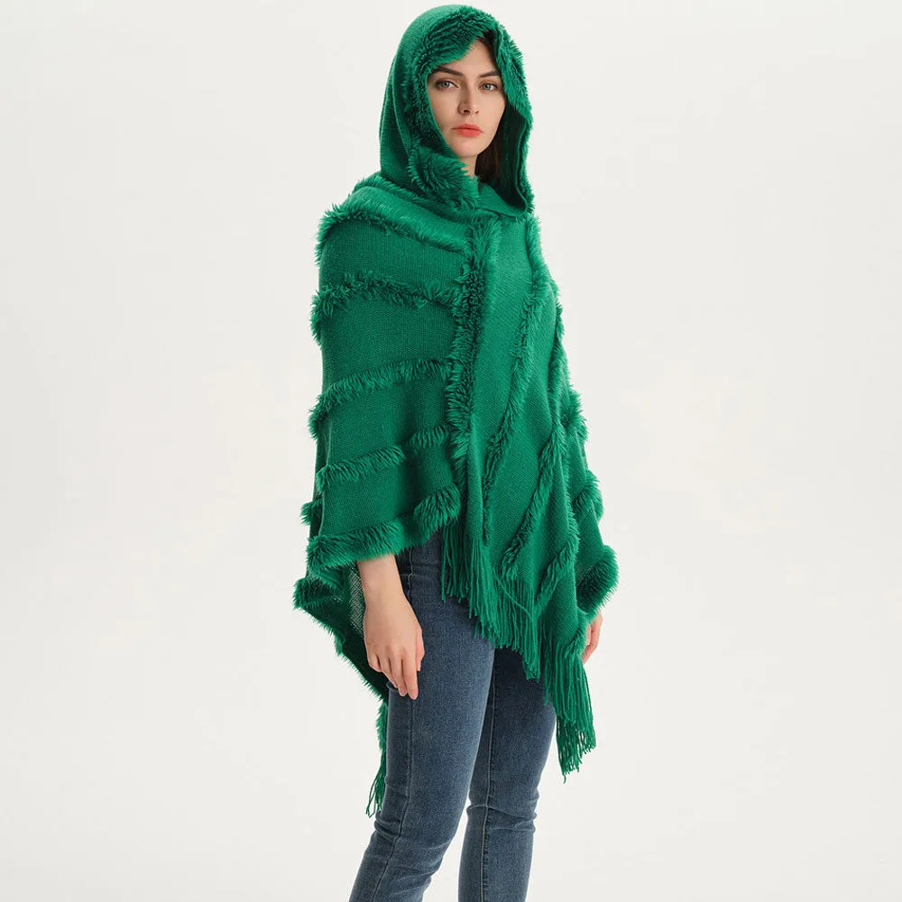 Bohemian Fringe Faux Fur Batwing Sleeve Green Hooded Knit Poncho Sweater