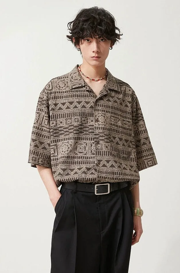 Bohemian Patterned Button-Up Short Sleeve Shirt