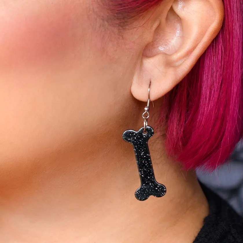 Bones Glitter Resin Drop Earrings - Black