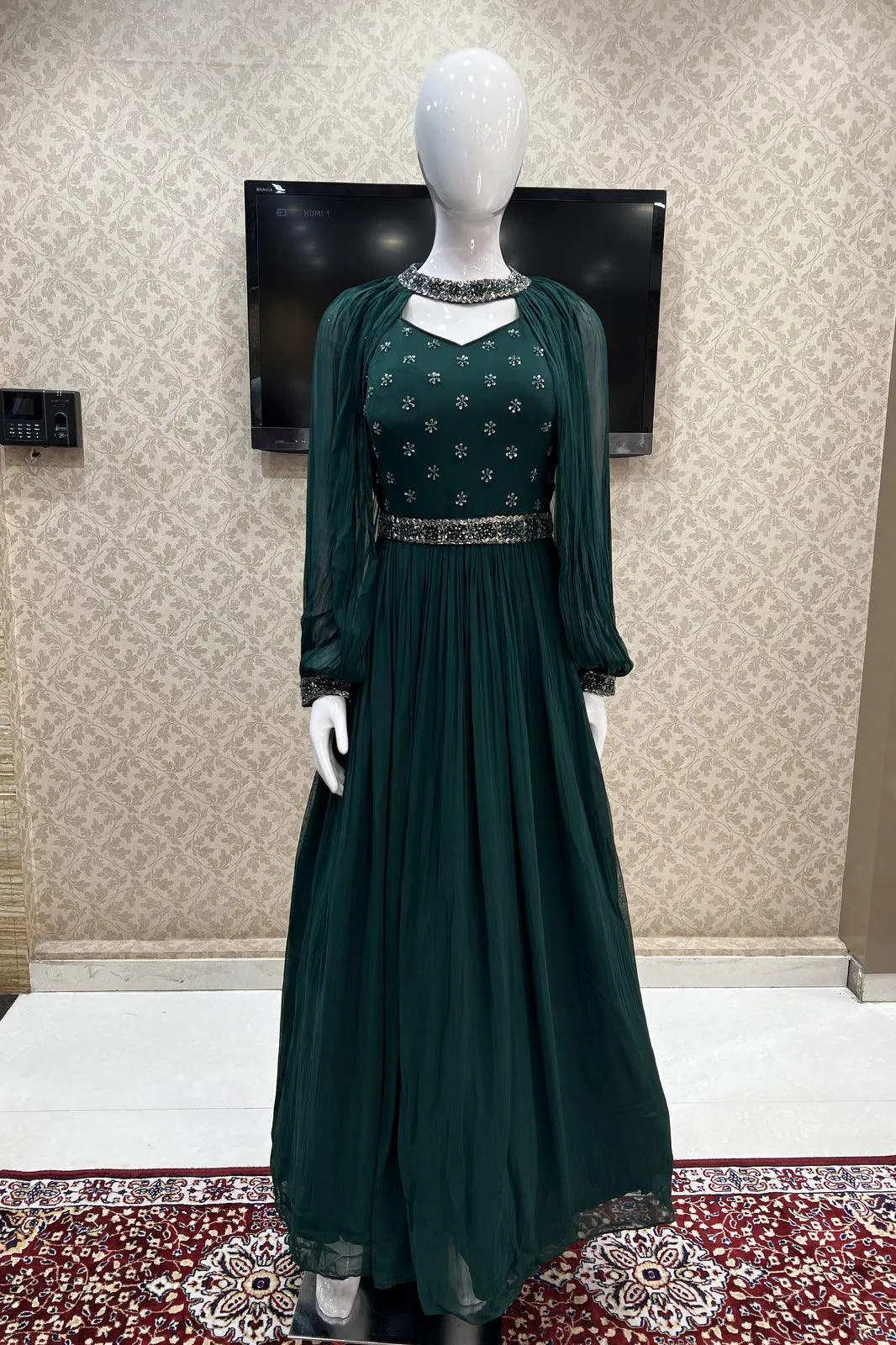 Bottle Green Beads and Sequins work Floor Length Anarkali Suit with Cape and Belt