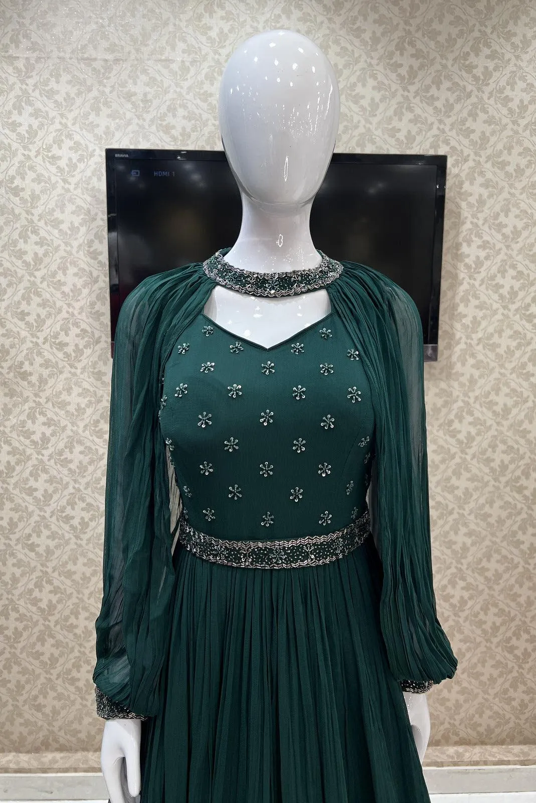 Bottle Green Beads and Sequins work Floor Length Anarkali Suit with Cape and Belt