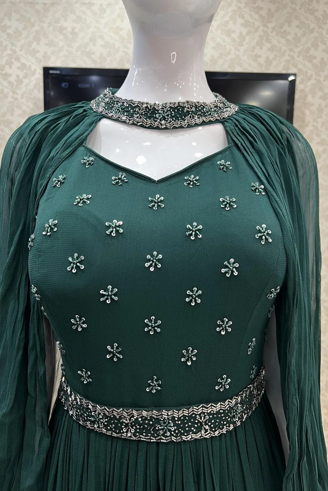 Bottle Green Beads and Sequins work Floor Length Anarkali Suit with Cape and Belt