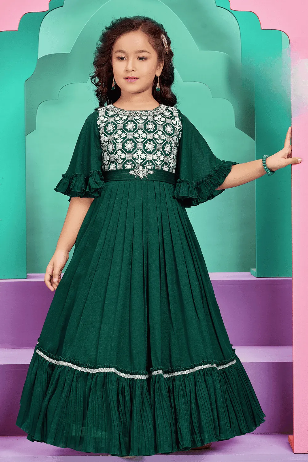 Bottle Green Embroidery, Sequins, Stone, Pearl and Zardozi work Long Party Gown for Girls