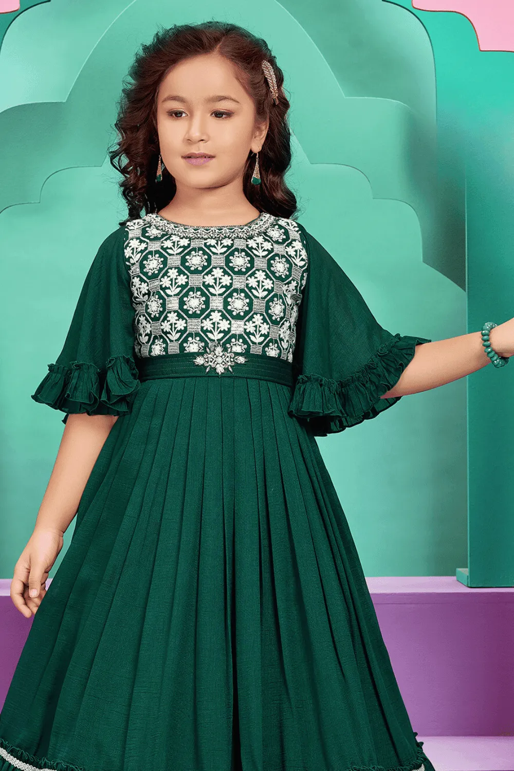 Bottle Green Embroidery, Sequins, Stone, Pearl and Zardozi work Long Party Gown for Girls