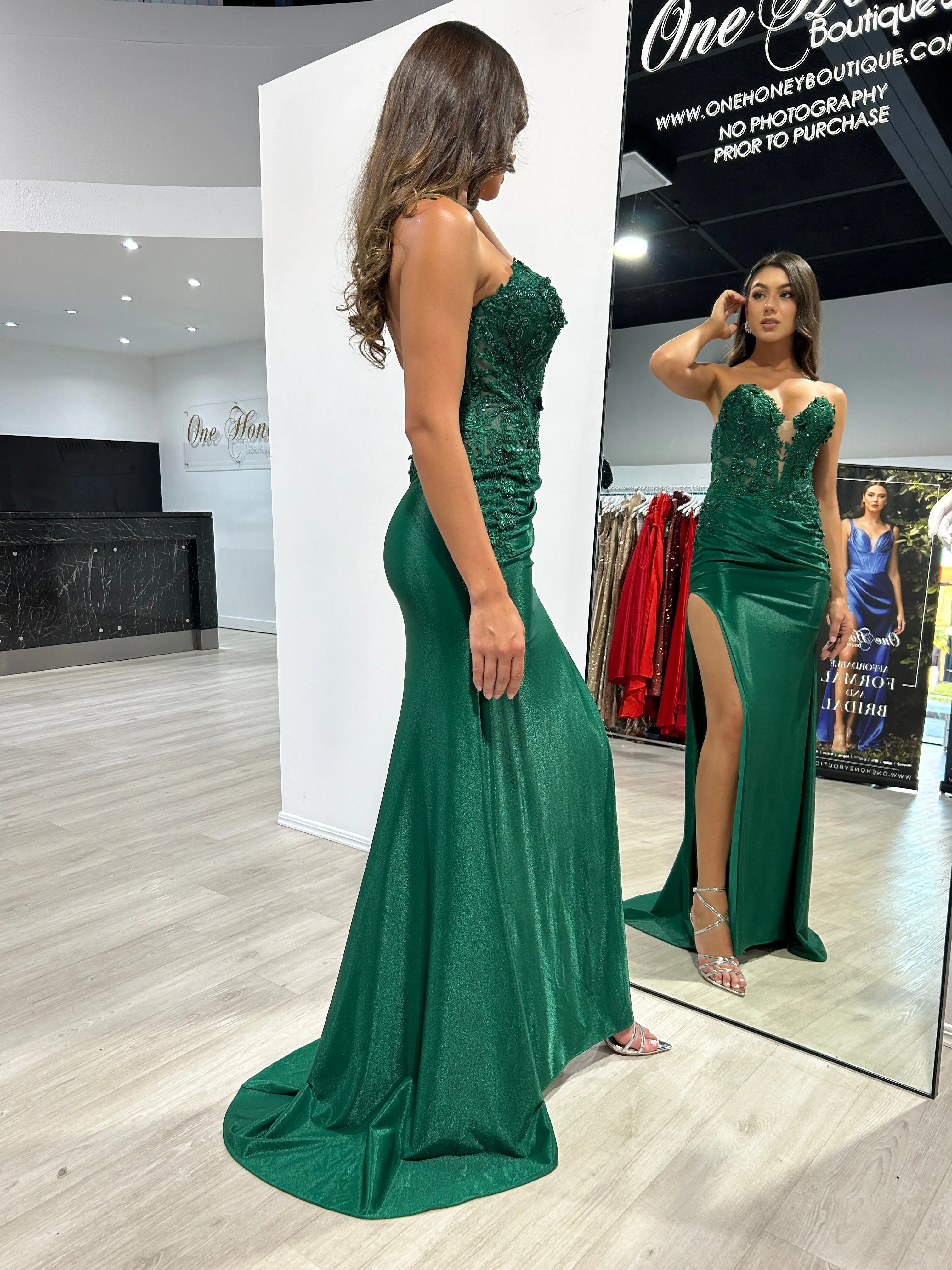 BRIDGETTE Strapless Satin Appliqué Mermaid Formal Dress