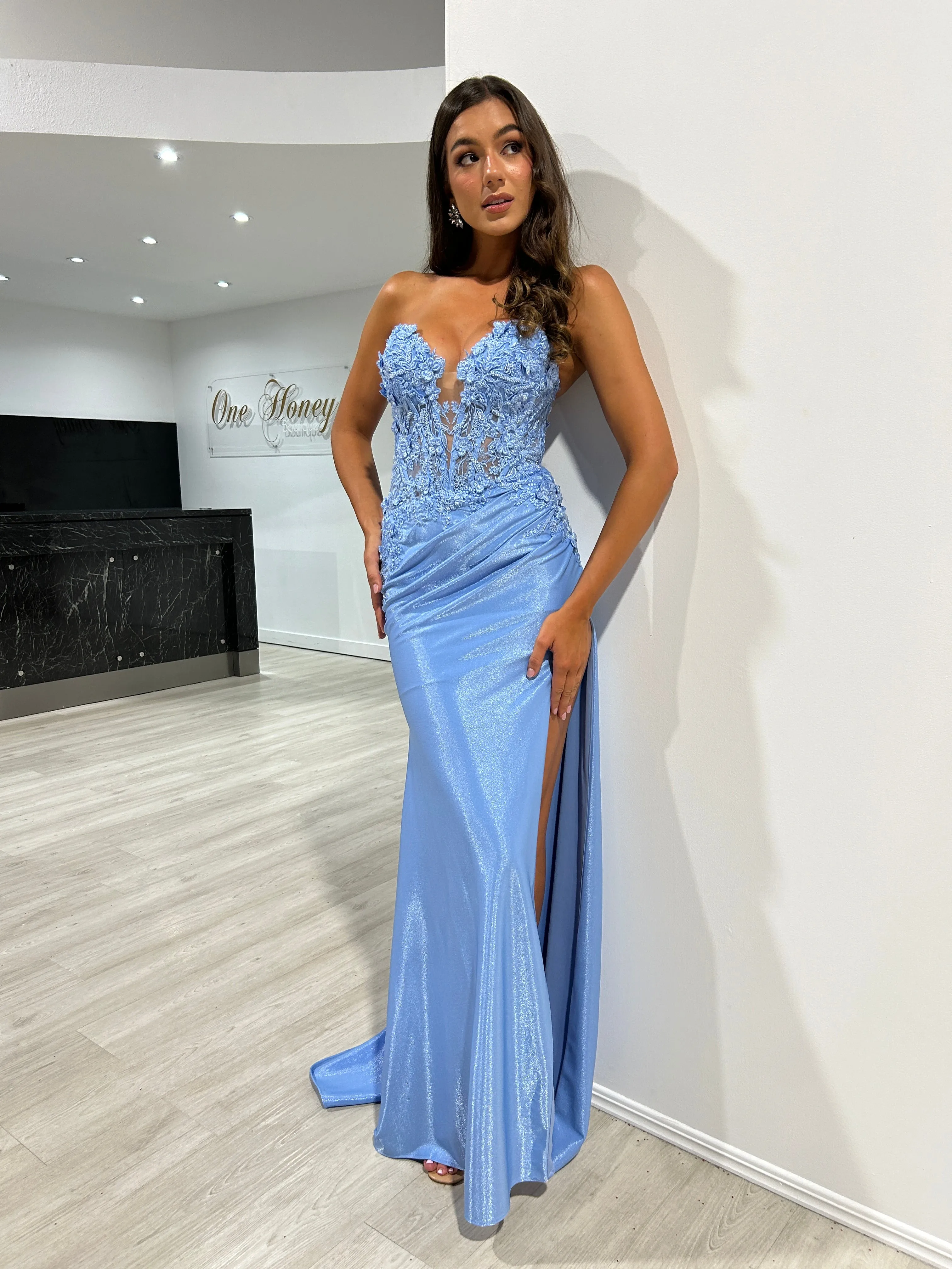 BRIDGETTE Strapless Satin Appliqué Mermaid Formal Dress