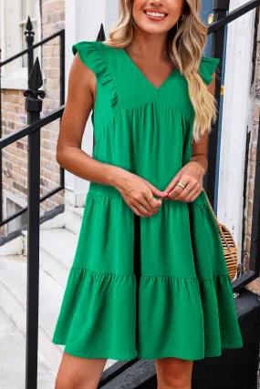 Bright Green V-Neck Ruffle Tiered Mini Dress