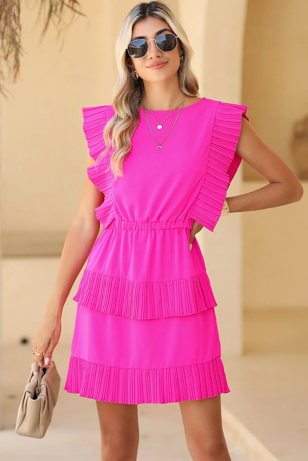 Bright Pink Pleated Layered Ruffle Sleeveless Mini Dress