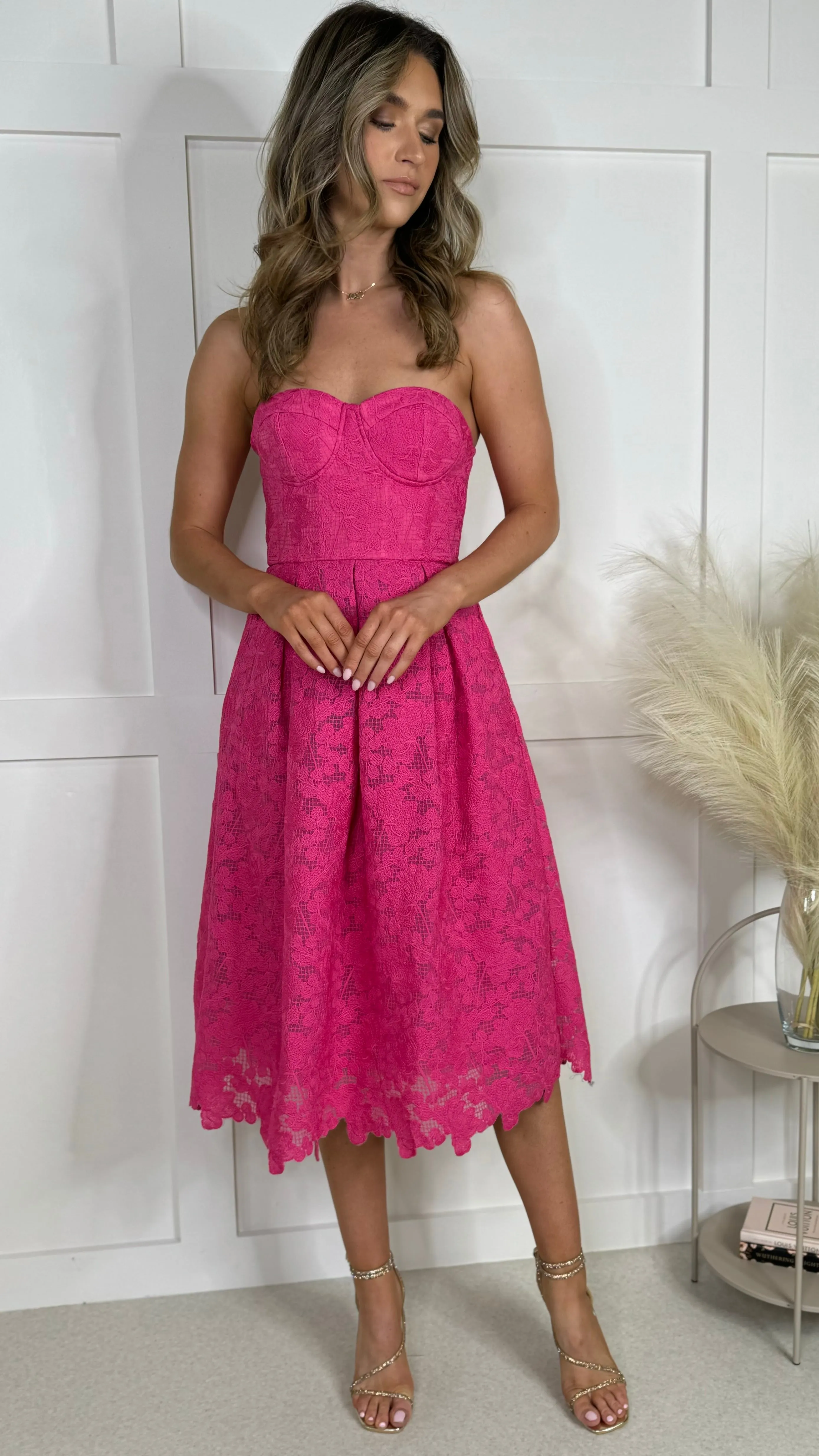 Bronwyn Fuchsia Bandeau Floral Patterned Midi Dress