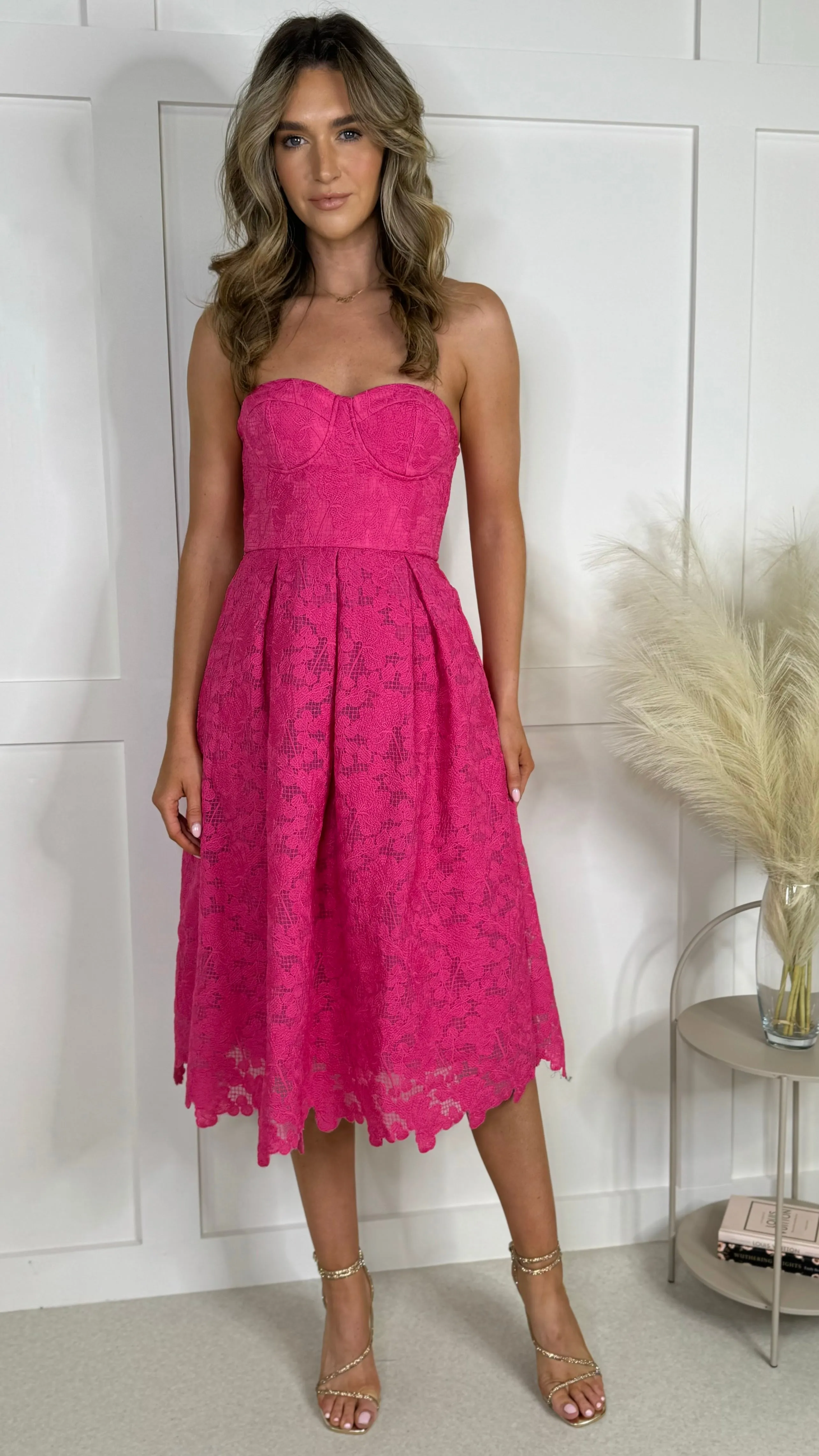 Bronwyn Fuchsia Bandeau Floral Patterned Midi Dress