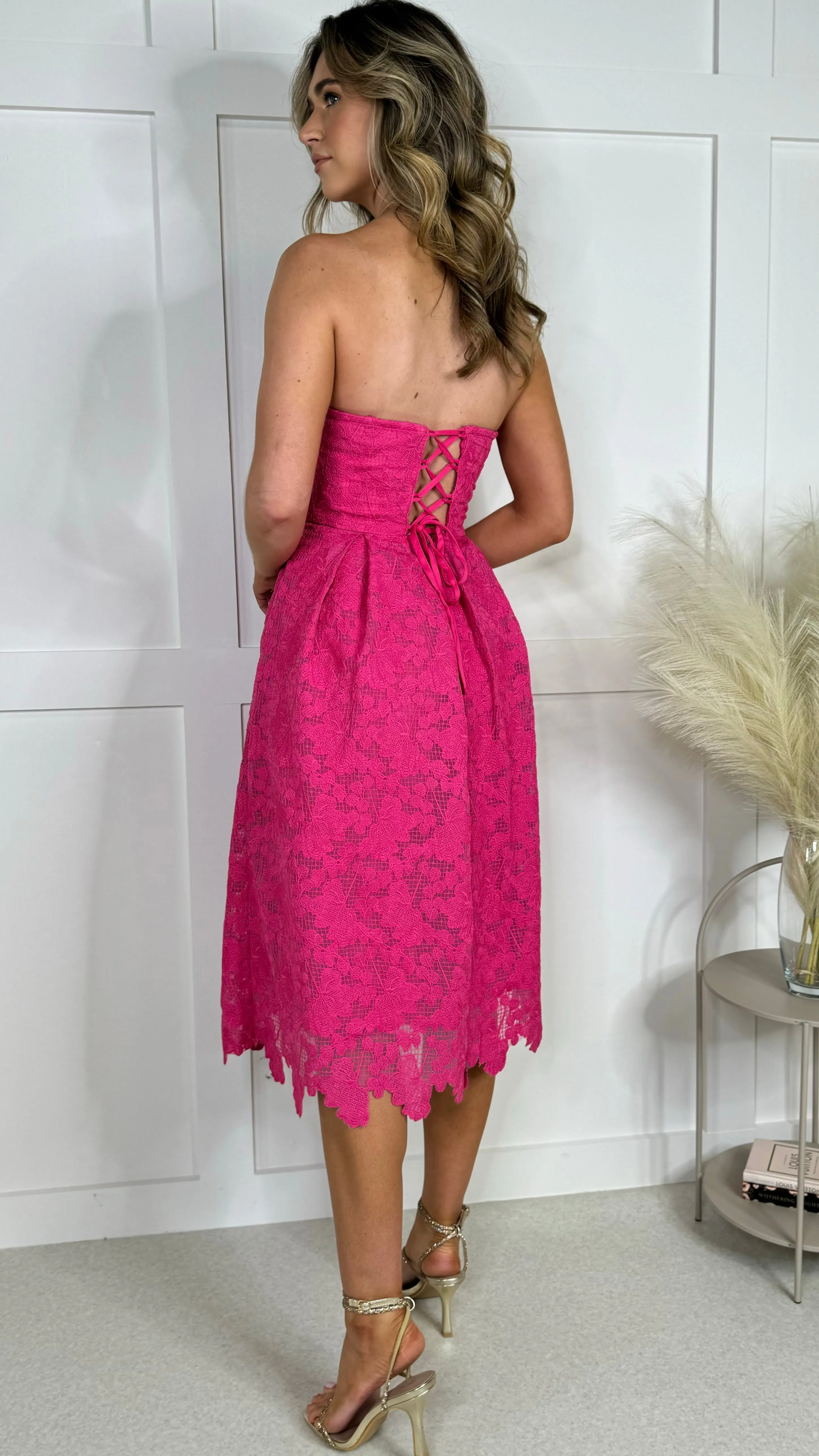 Bronwyn Fuchsia Bandeau Floral Patterned Midi Dress