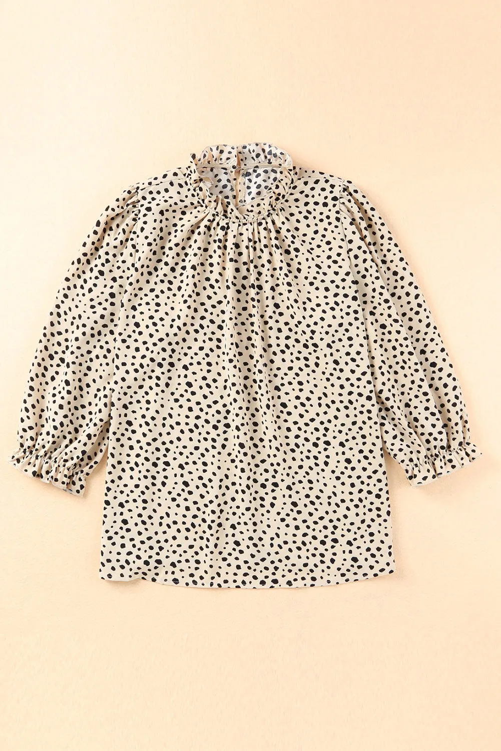 Brown Frilled Neck 3/4 Sleeves Cheetah Blouse