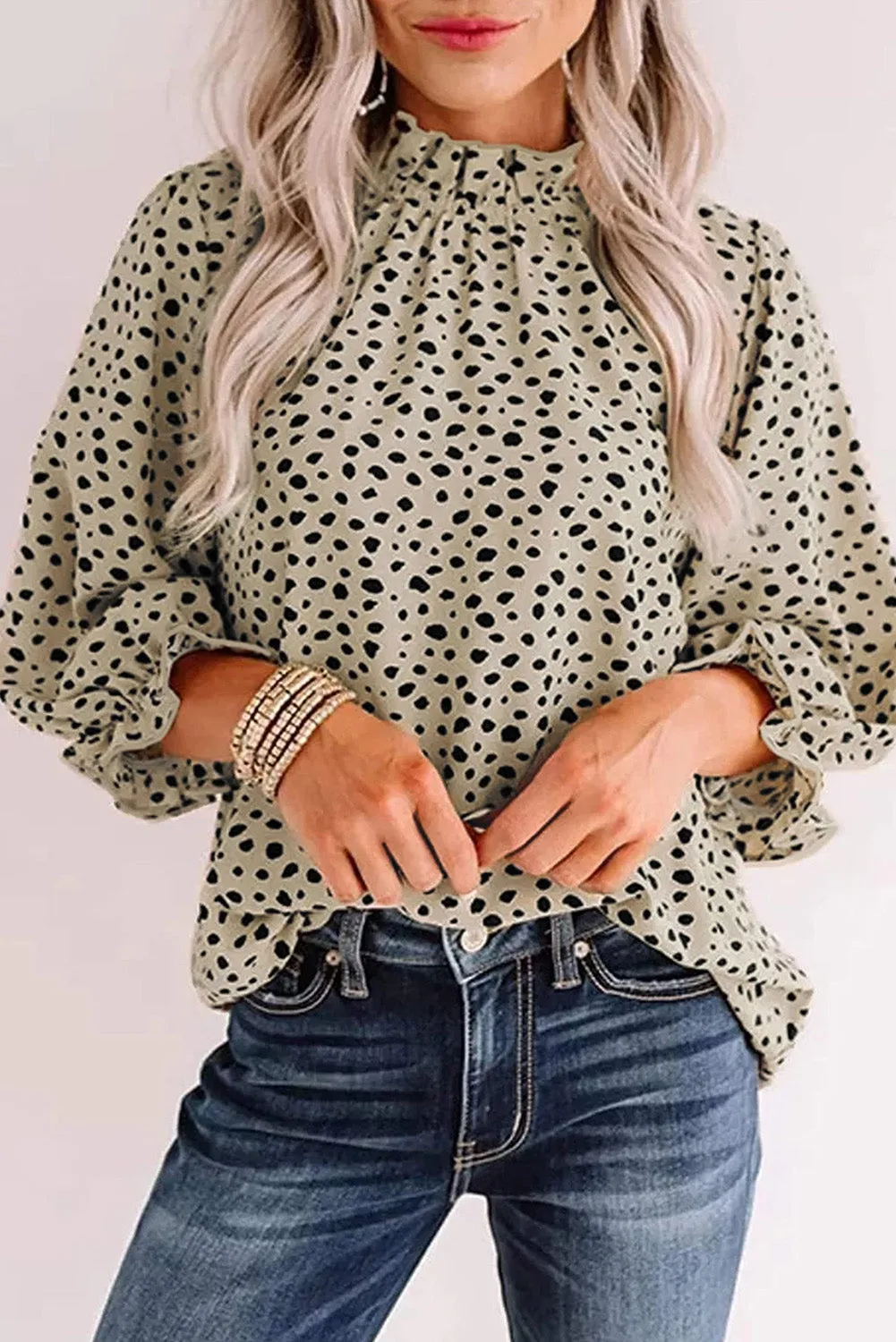 Brown Frilled Neck 3/4 Sleeves Cheetah Blouse