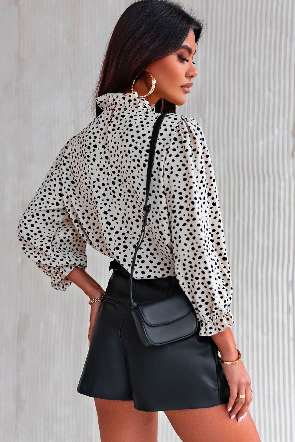 Brown Frilled Neck 3/4 Sleeves Cheetah Blouse