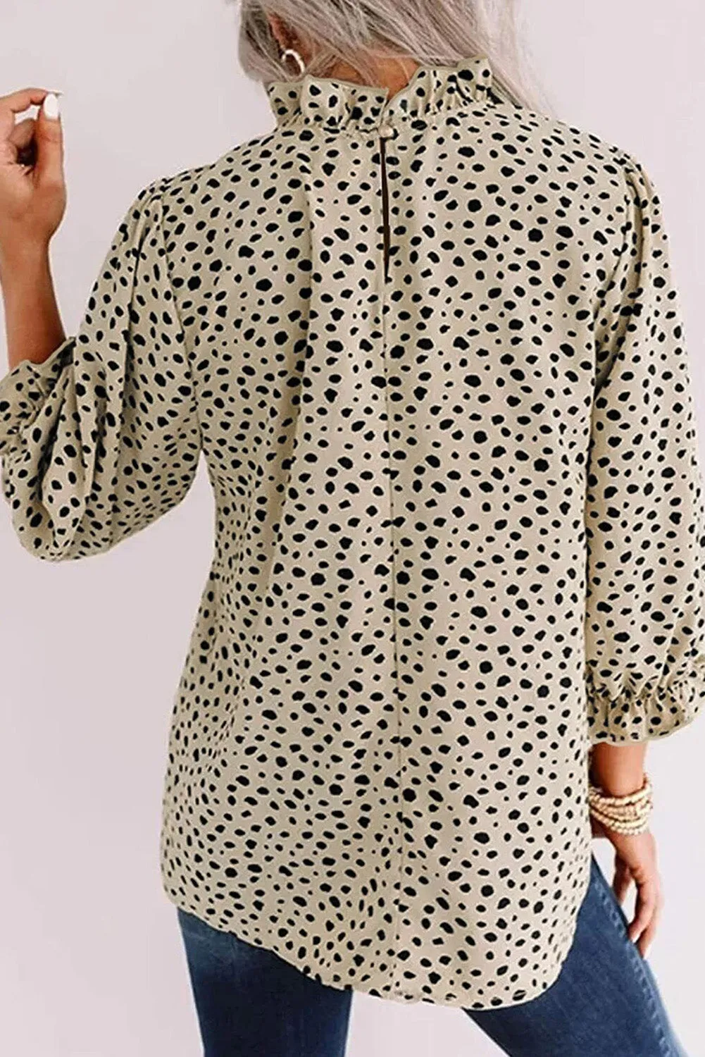 Brown Frilled Neck 3/4 Sleeves Cheetah Blouse