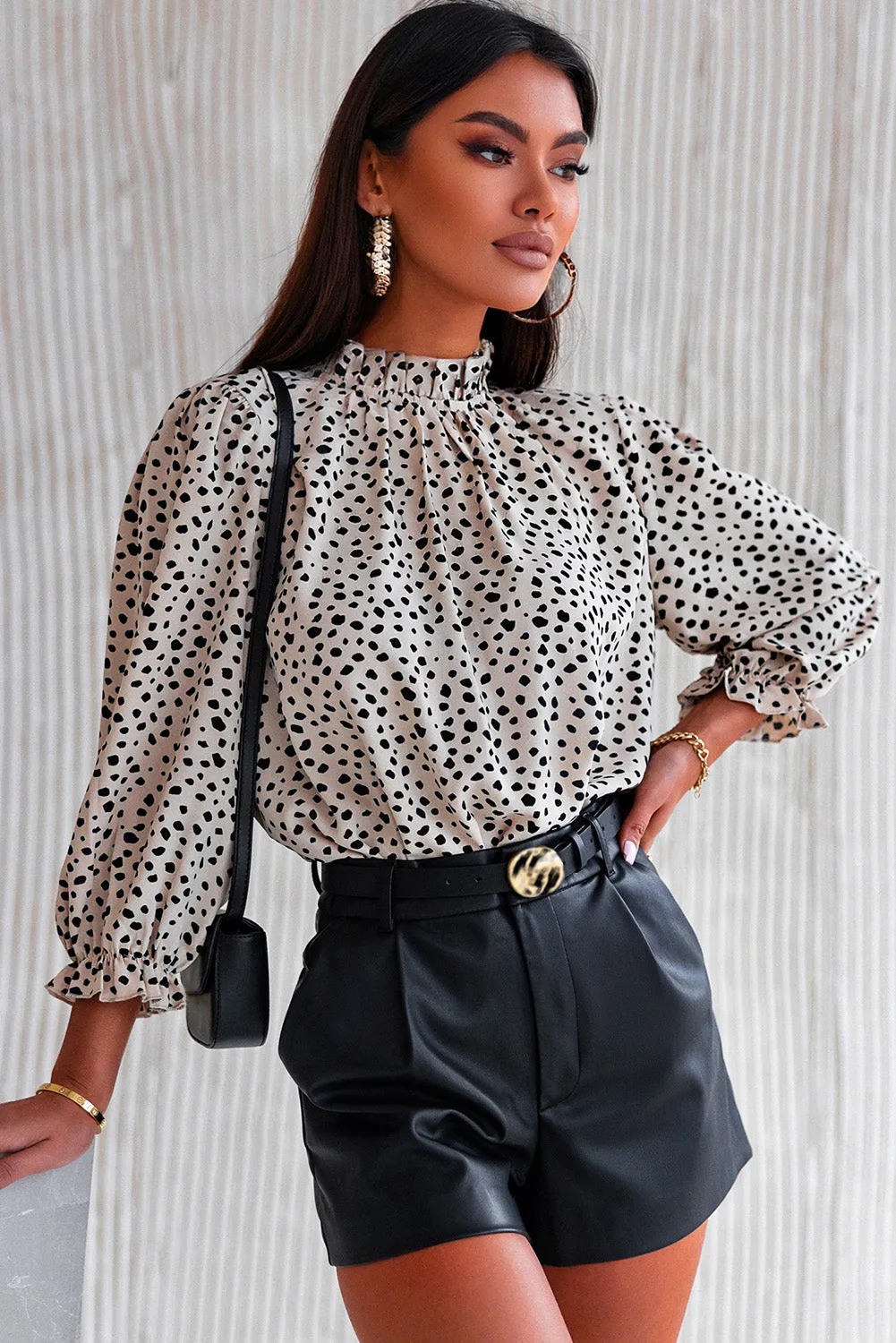 Brown Frilled Neck 3/4 Sleeves Cheetah Blouse