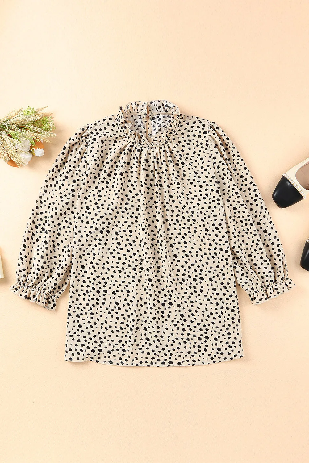 Brown Frilled Neck 3/4 Sleeves Cheetah Blouse