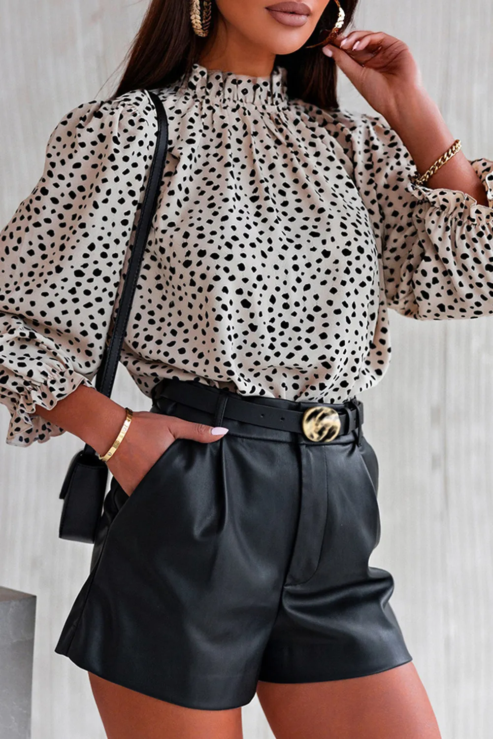 Brown Frilled Neck 3/4 Sleeves Cheetah Blouse