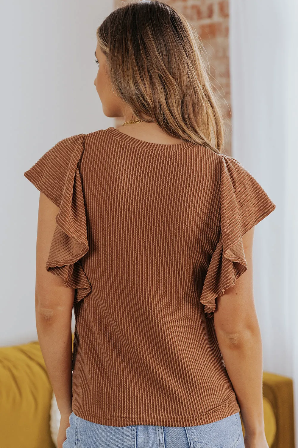 Brown Ribbed Knit Ruffled Short Sleeve T Shirt