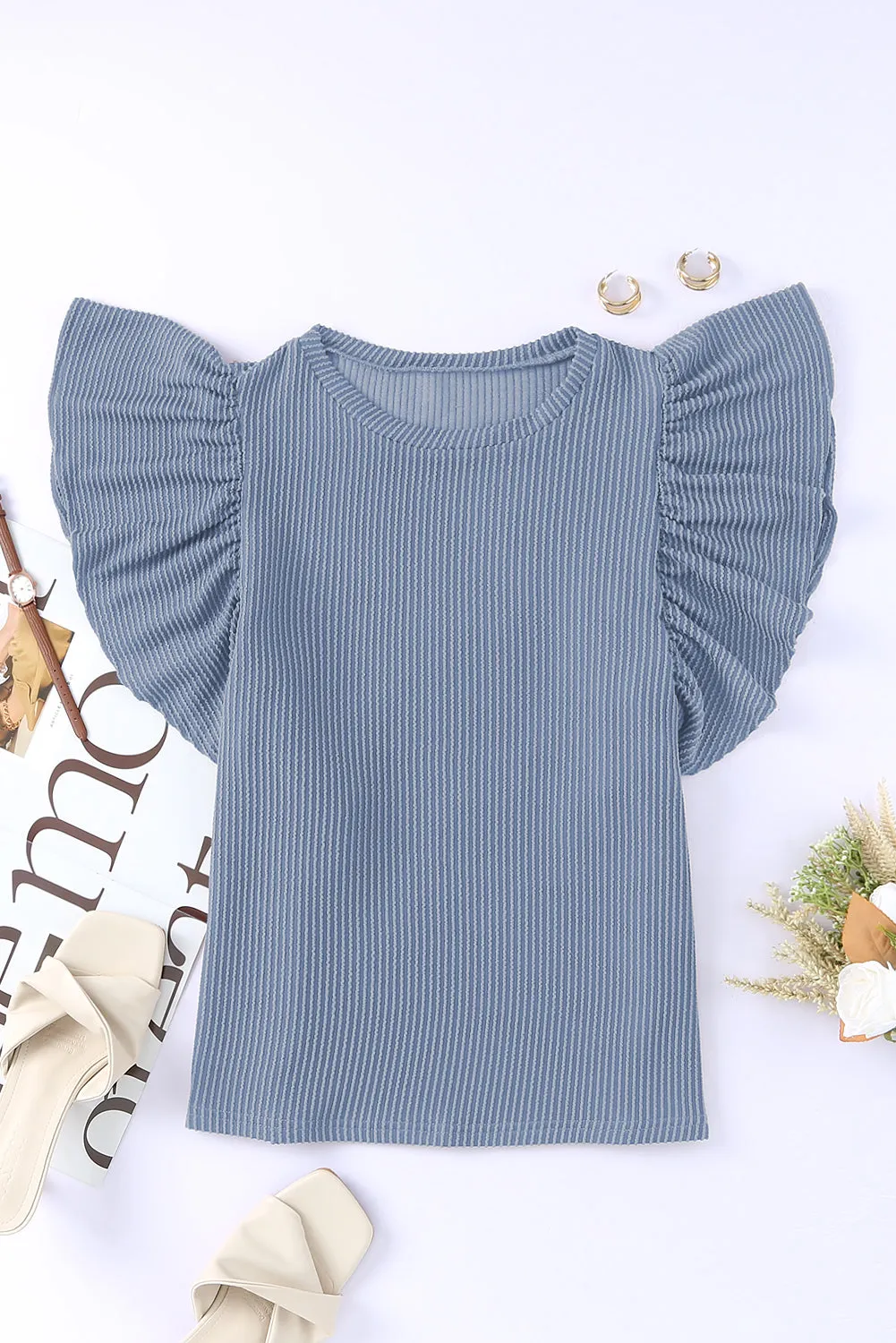 Brown Ribbed Knit Ruffled Short Sleeve T Shirt