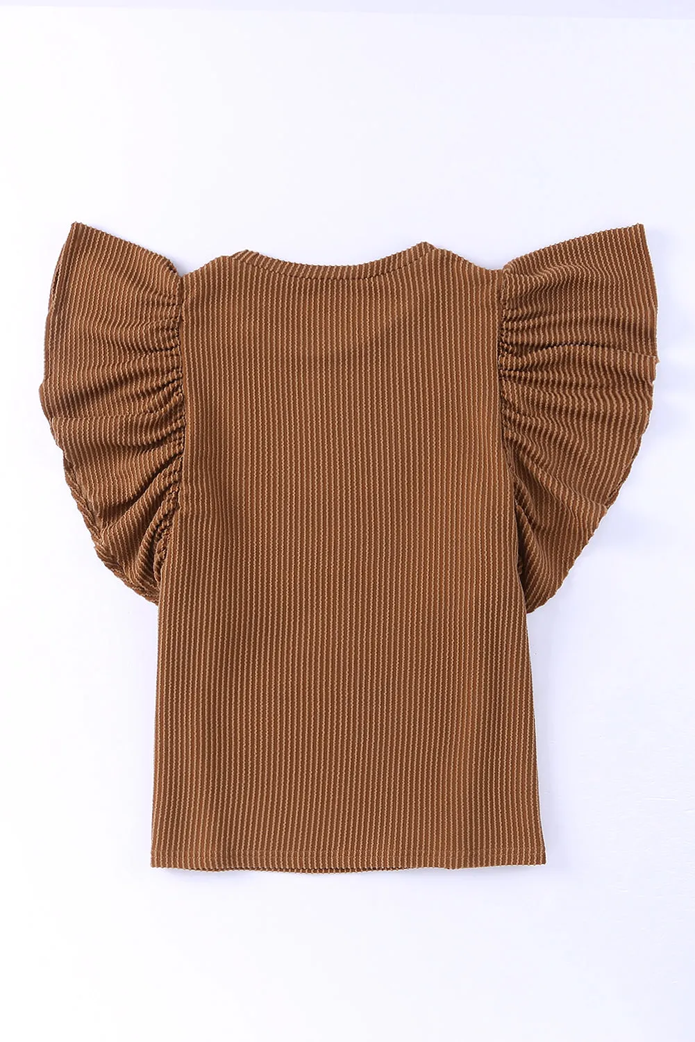 Brown Ribbed Knit Ruffled Short Sleeve T Shirt