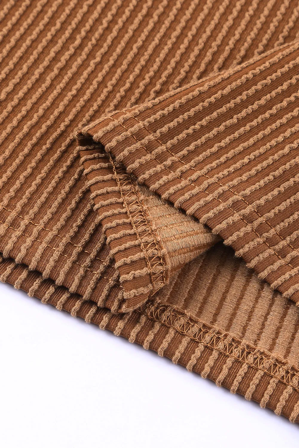 Brown Ribbed Knit Ruffled Short Sleeve T Shirt