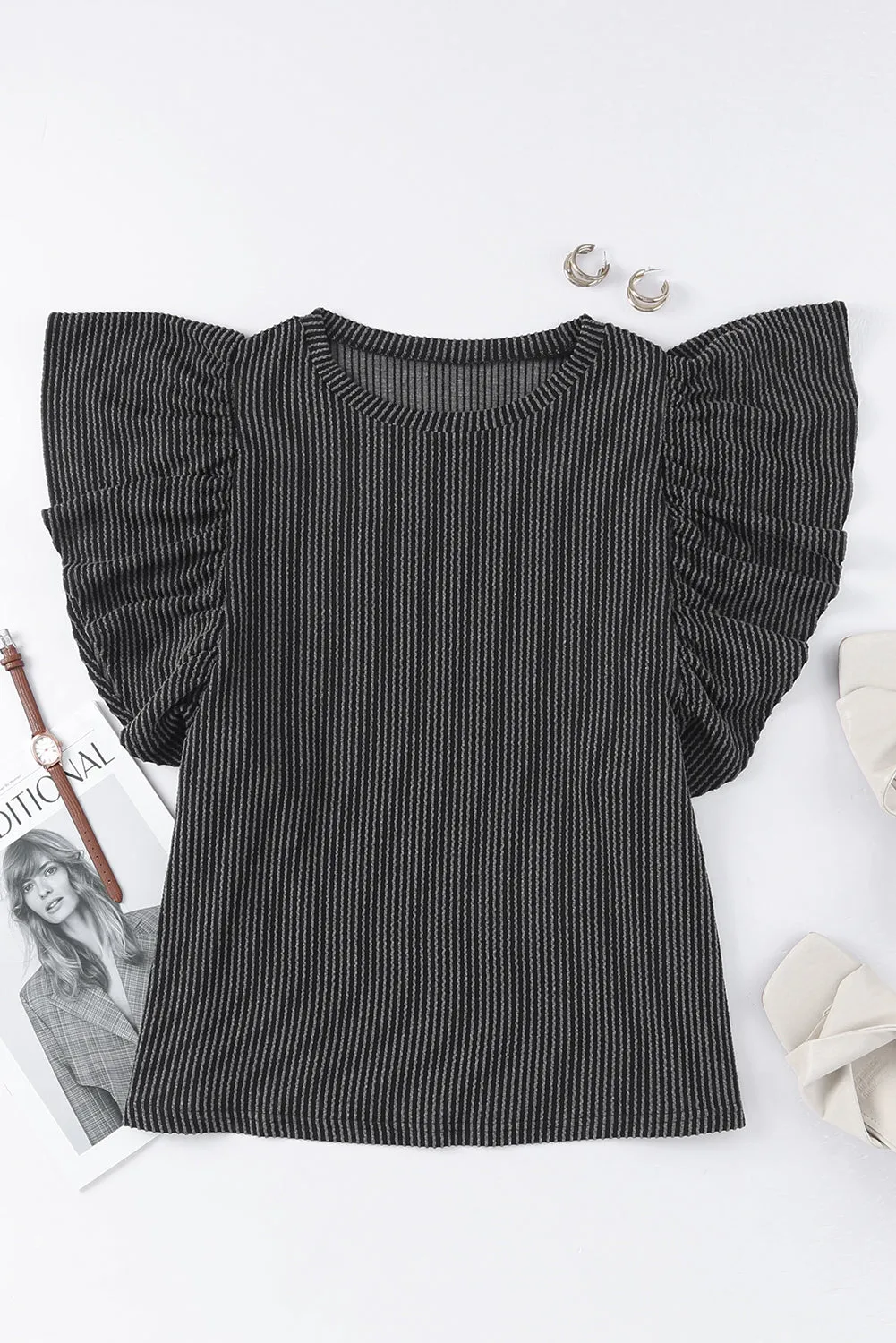 Brown Ribbed Knit Ruffled Short Sleeve T Shirt