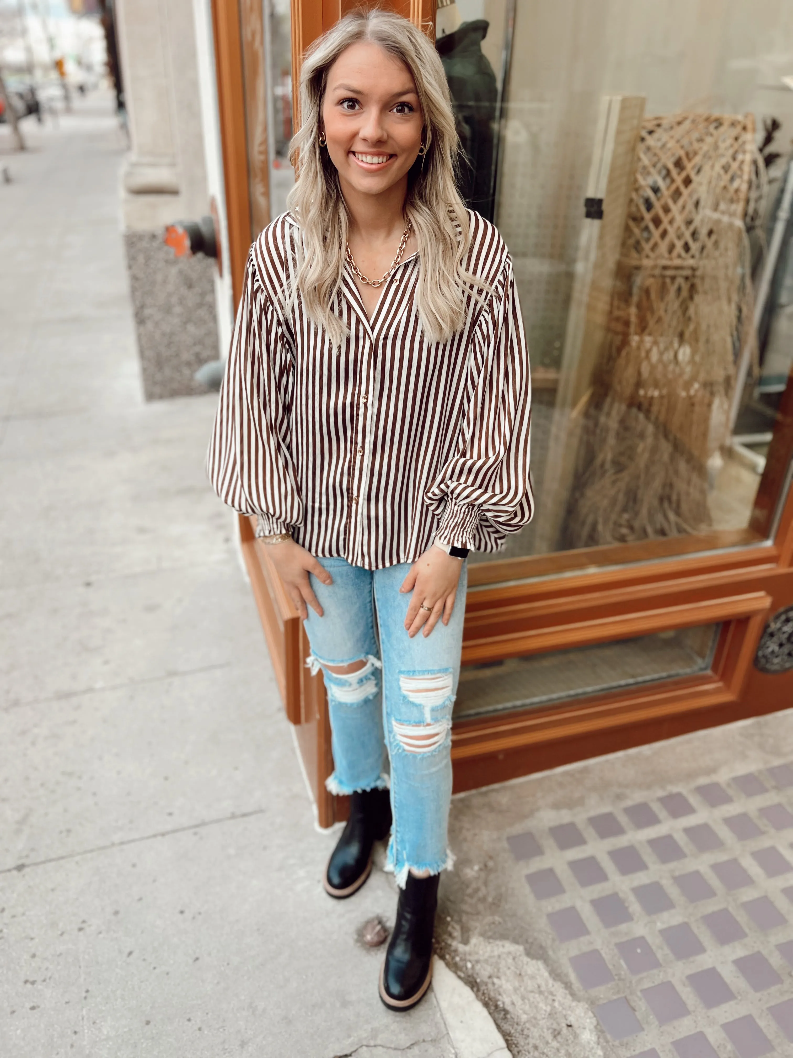 Brown Striped Bubble Sleeve Blouse Top