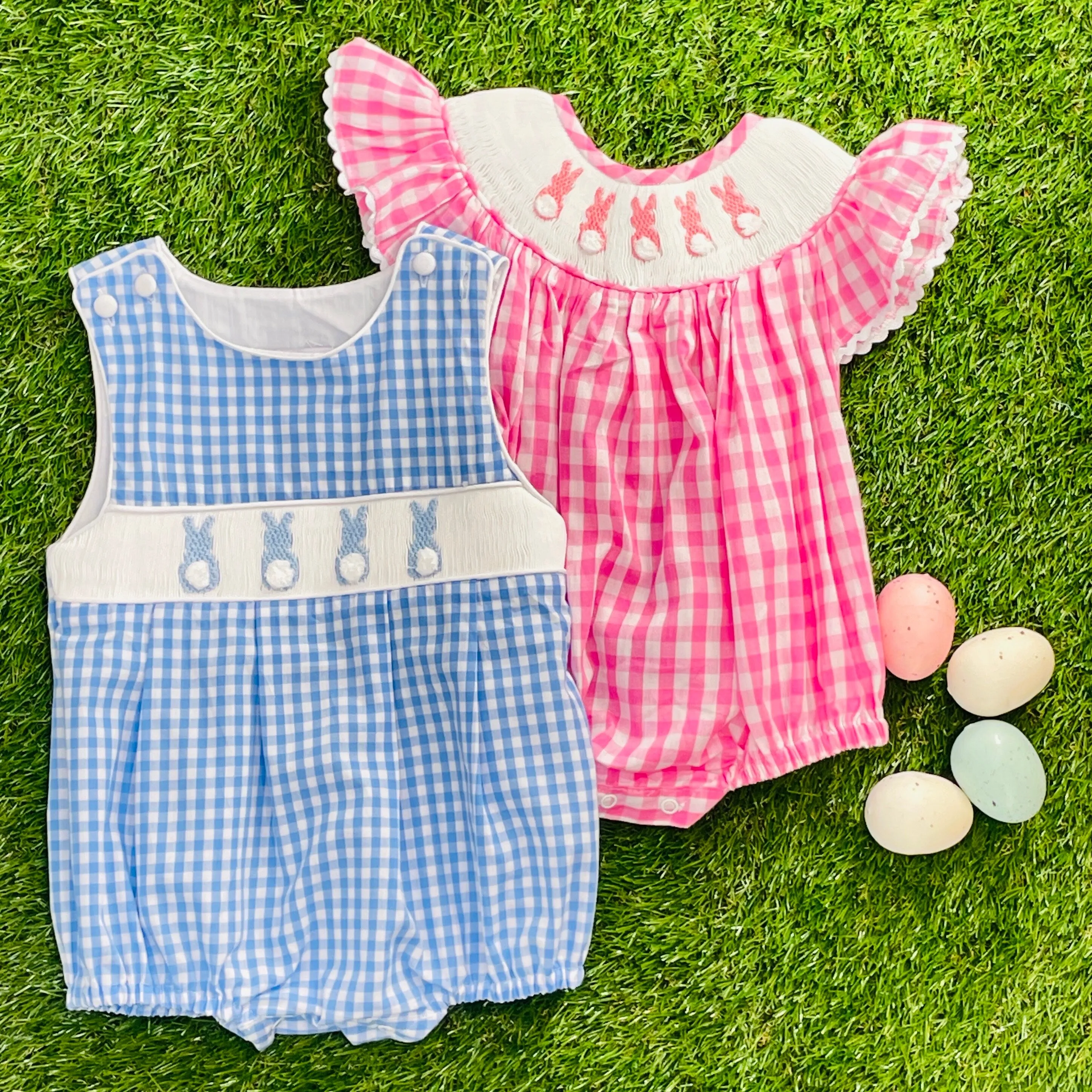 Bunny Smocked Boy's Bubble in Blue Gingham