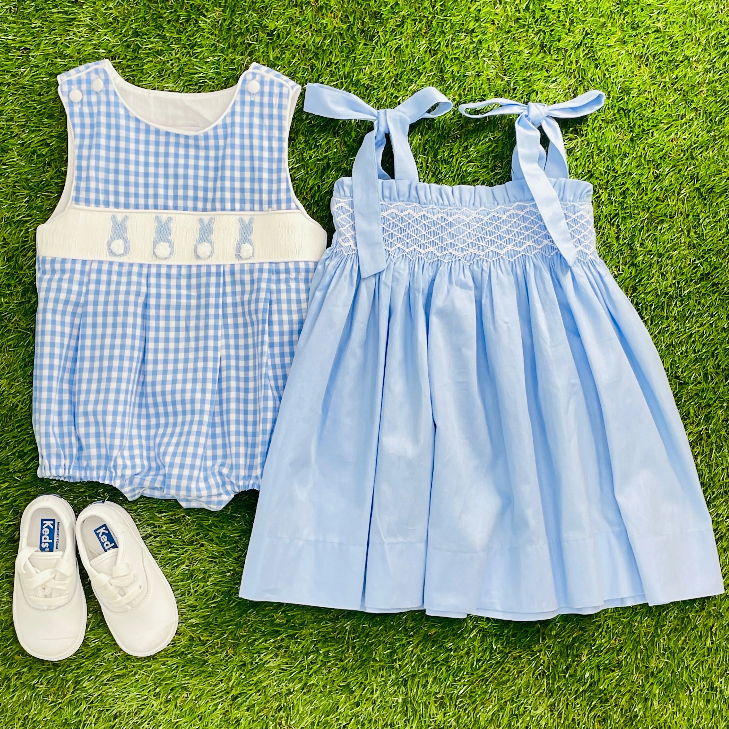 Bunny Smocked Boy's Bubble in Blue Gingham