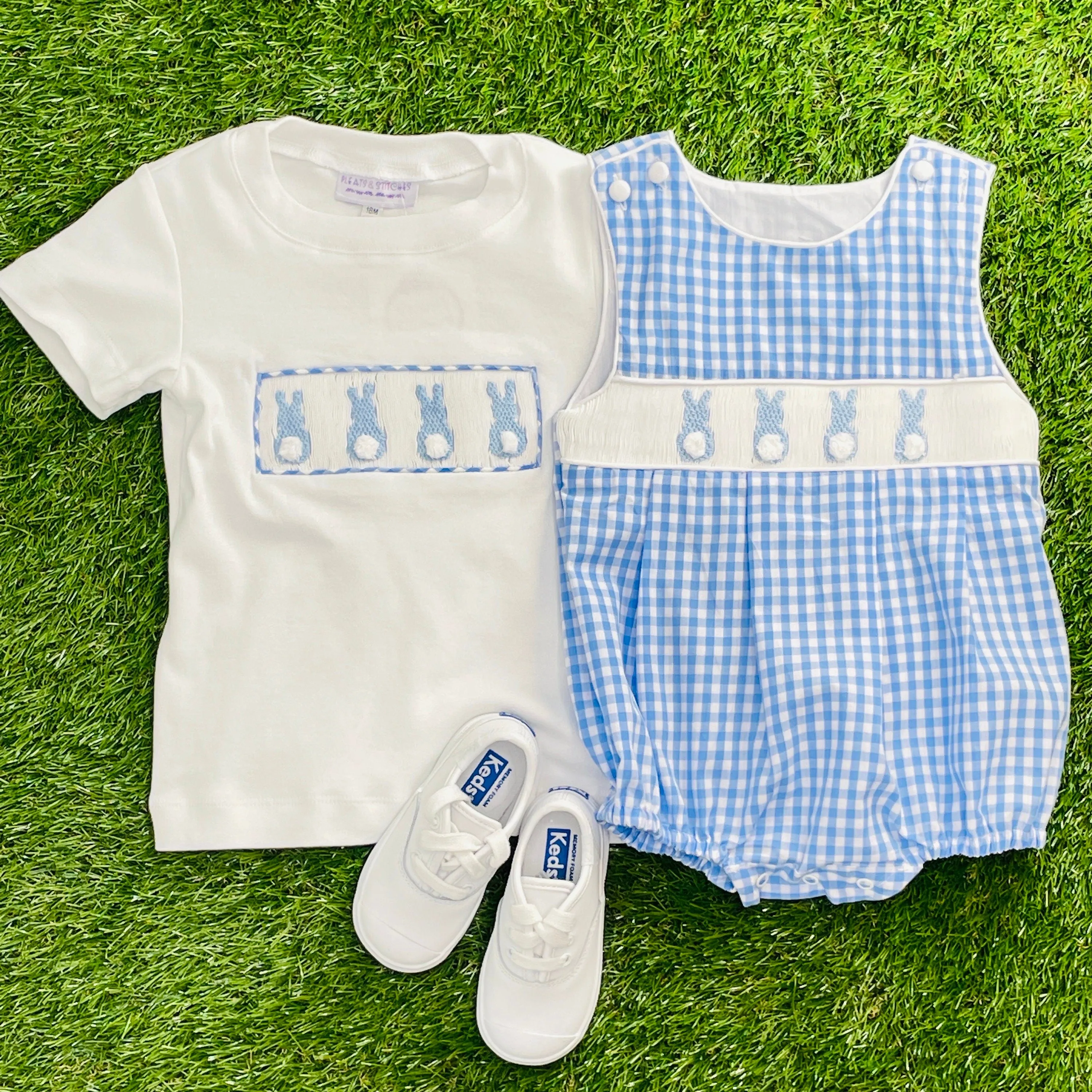 Bunny Smocked Boy's Bubble in Blue Gingham