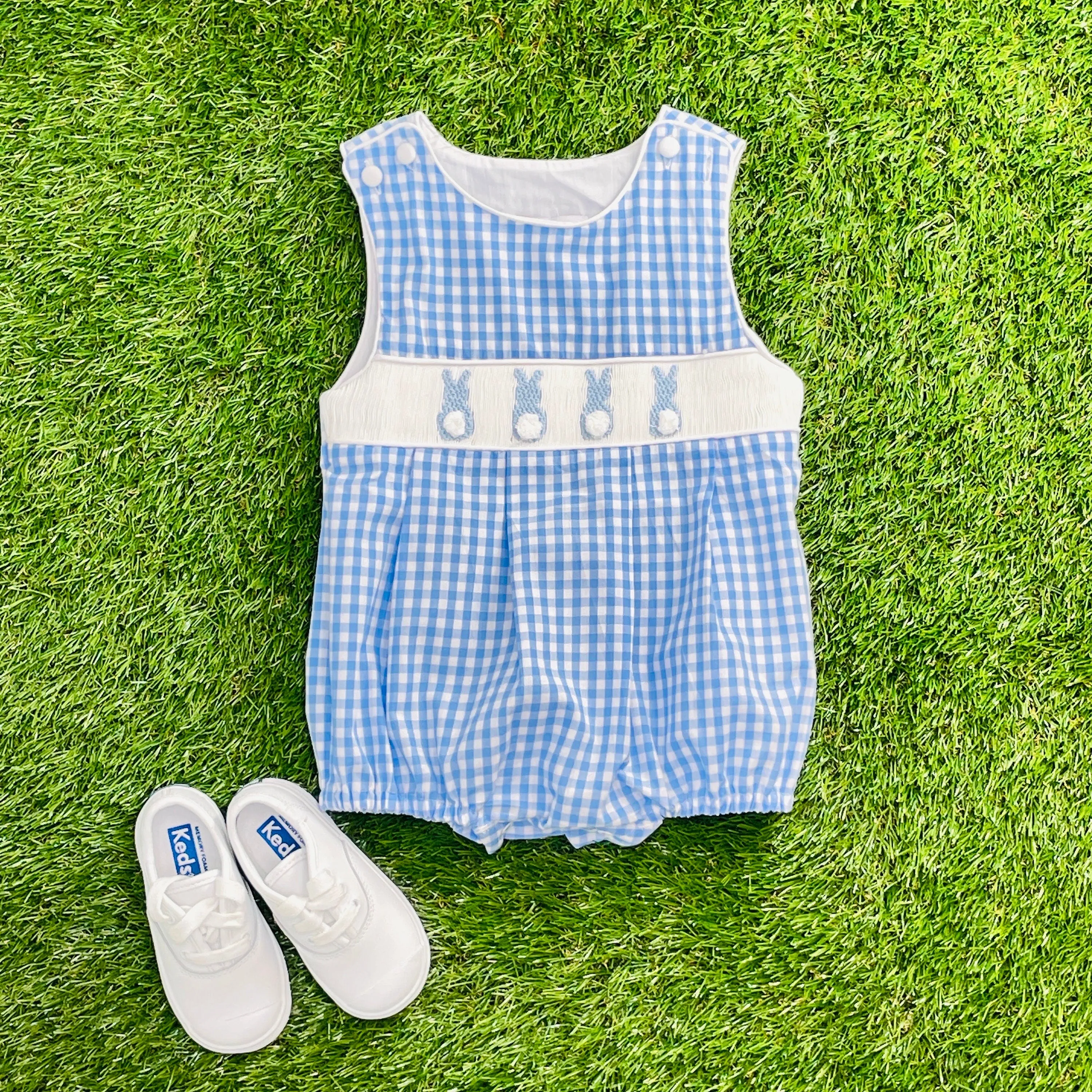 Bunny Smocked Boy's Bubble in Blue Gingham