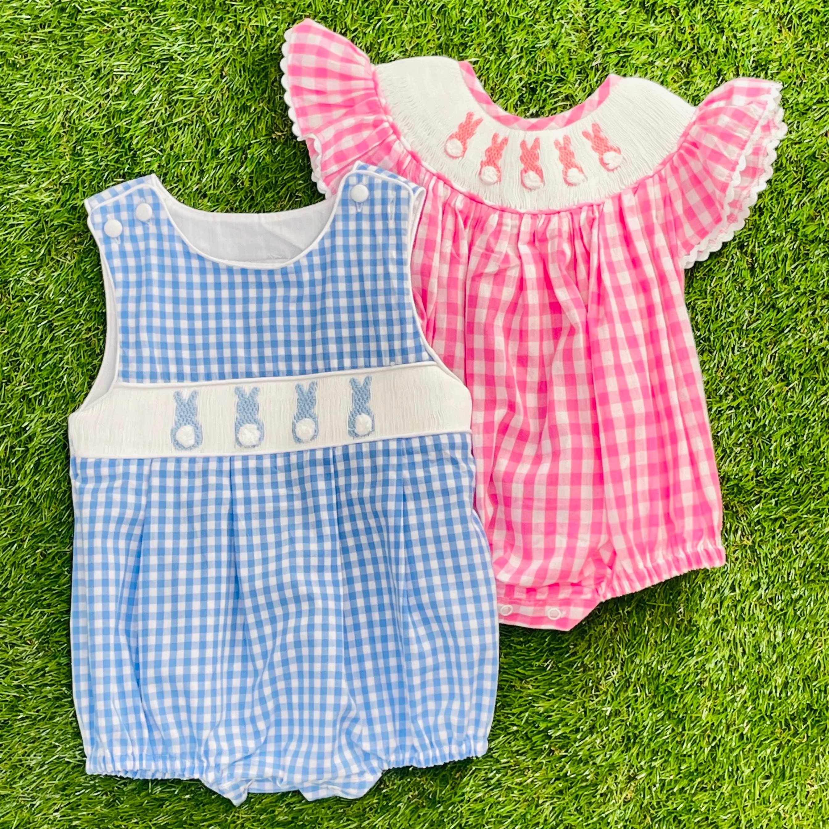 Bunny Smocked Boy's Bubble in Blue Gingham