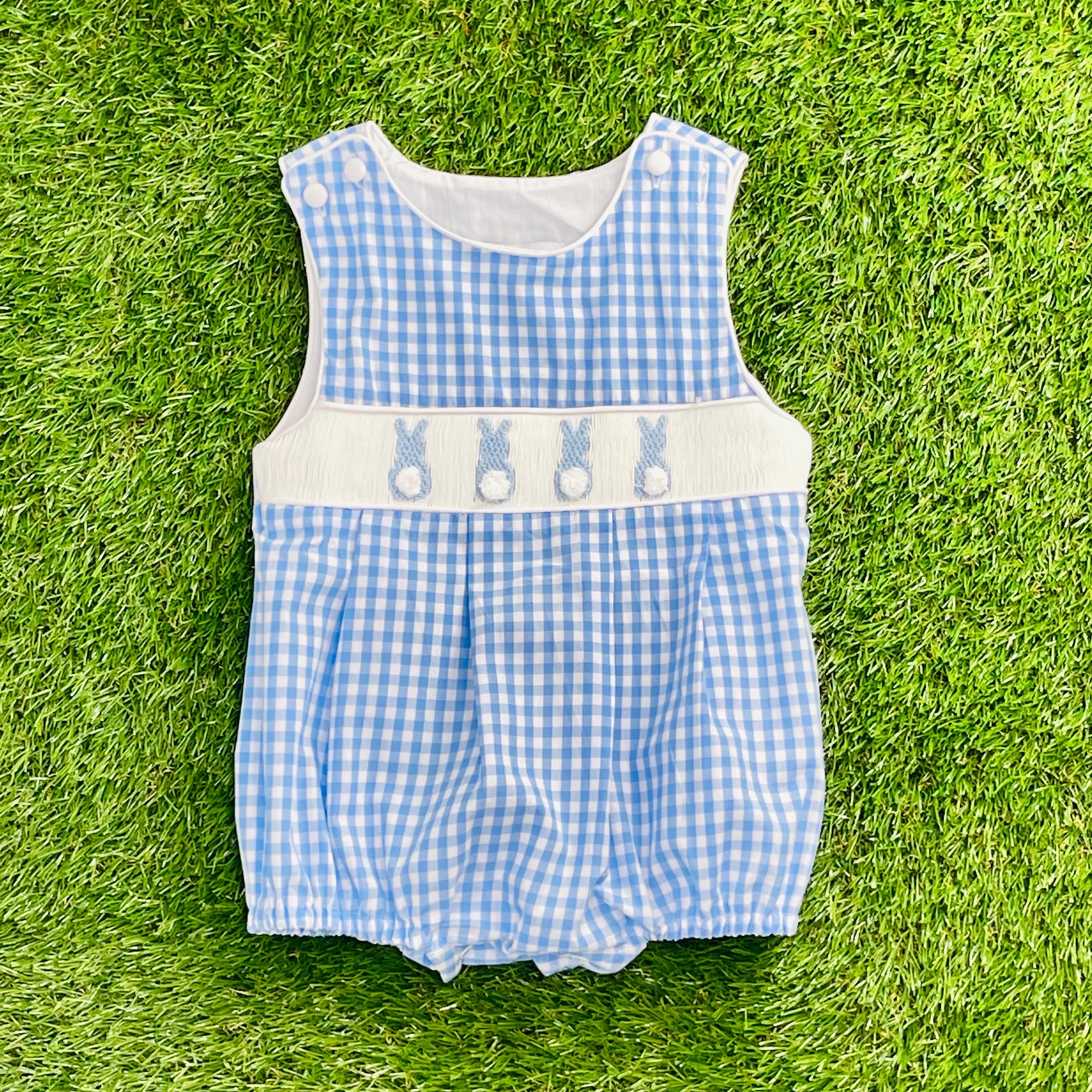 Bunny Smocked Boy's Bubble in Blue Gingham