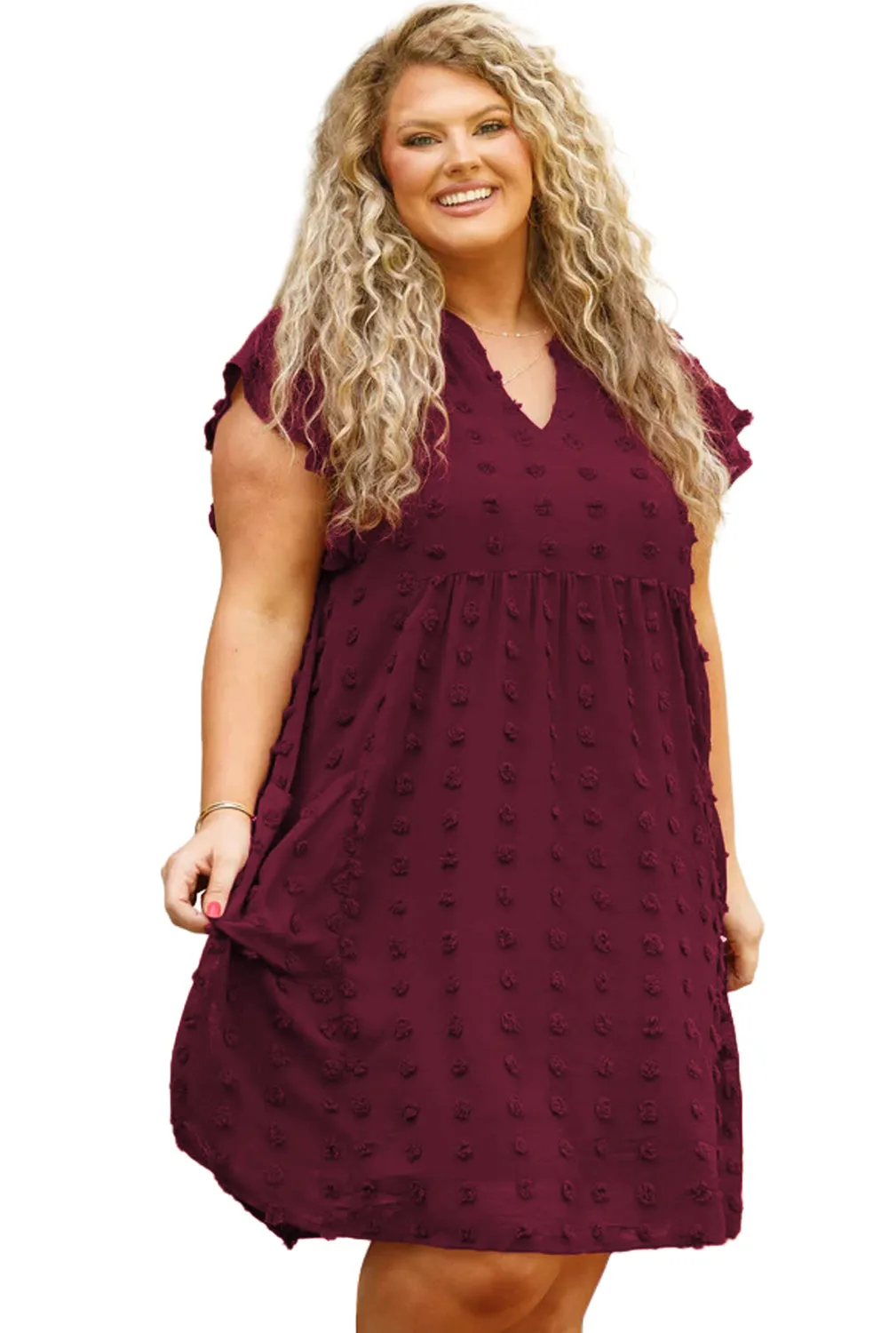 Burgundy Plus Size Swiss Dot Ruffled Sleeve V Neck Dress